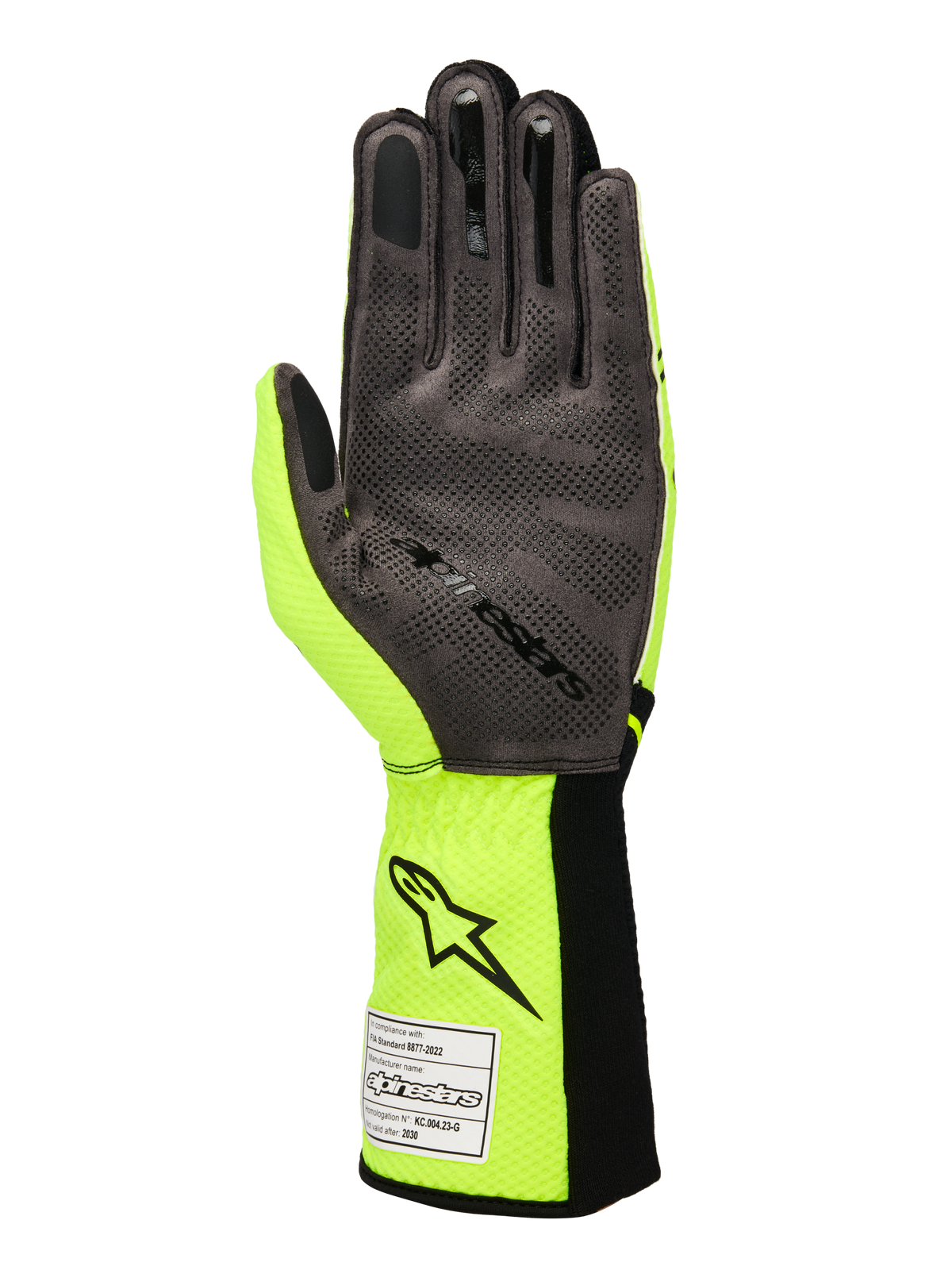 Guanti Alpinestars Tech-1 KX V4, guanti da kart, giallo fluo e nero, vista del palmo in pelle scamosciata sintetica grigia con motivo grip in silicone 3D, etichetta di omologazione FIA sul polsino a coste, design racing ad alte prestazioni