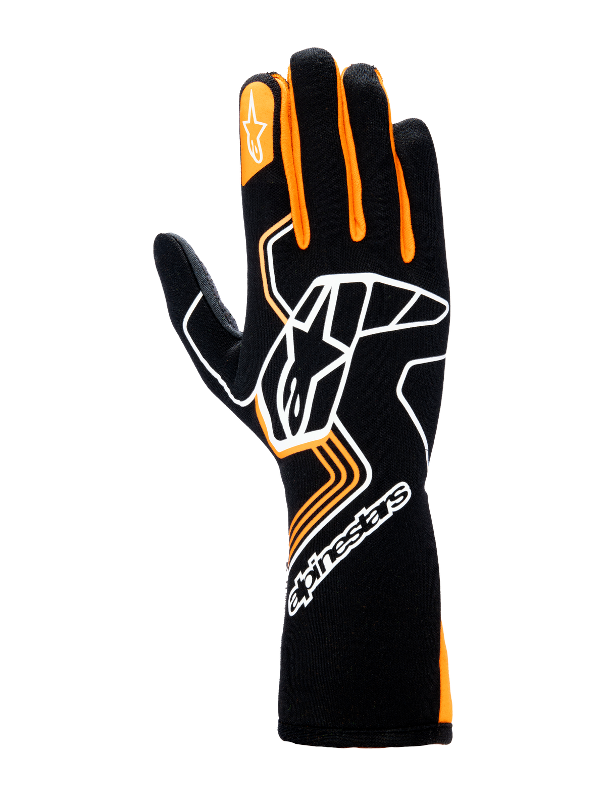 Guanti Alpinestars Tech-1 Race V4, guanti da corsa auto, nero e arancione fluo, caratterizzati da un grande logo Astar bianco sul dorso della mano, dettagli arancioni sulle dita e design a polsino lungo per una protezione professionale nel motorsport