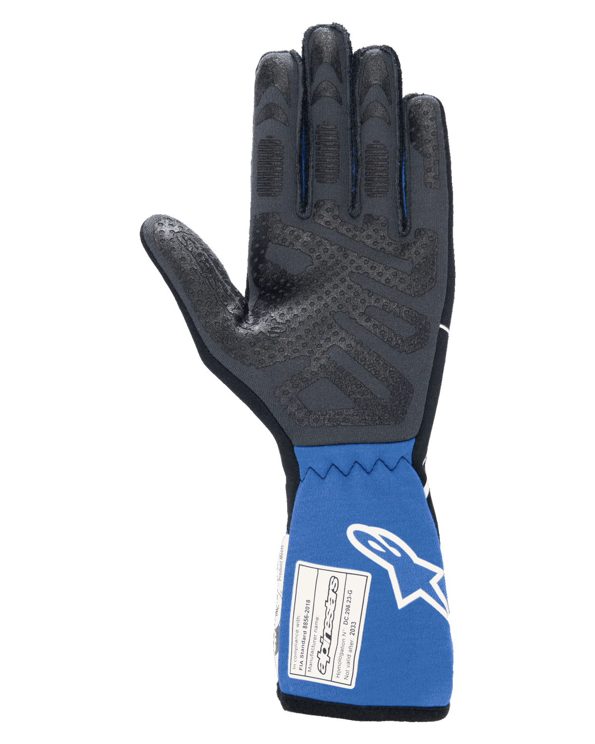 Guanti Alpinestars Tech-1 Race V4, nero e blu, vista interna del palmo con motivo grip in silicone testurizzato, polsino blu esteso con etichetta di certificazione FIA e logo Alpinestars bianco, attrezzatura professionale per corse automobilistiche