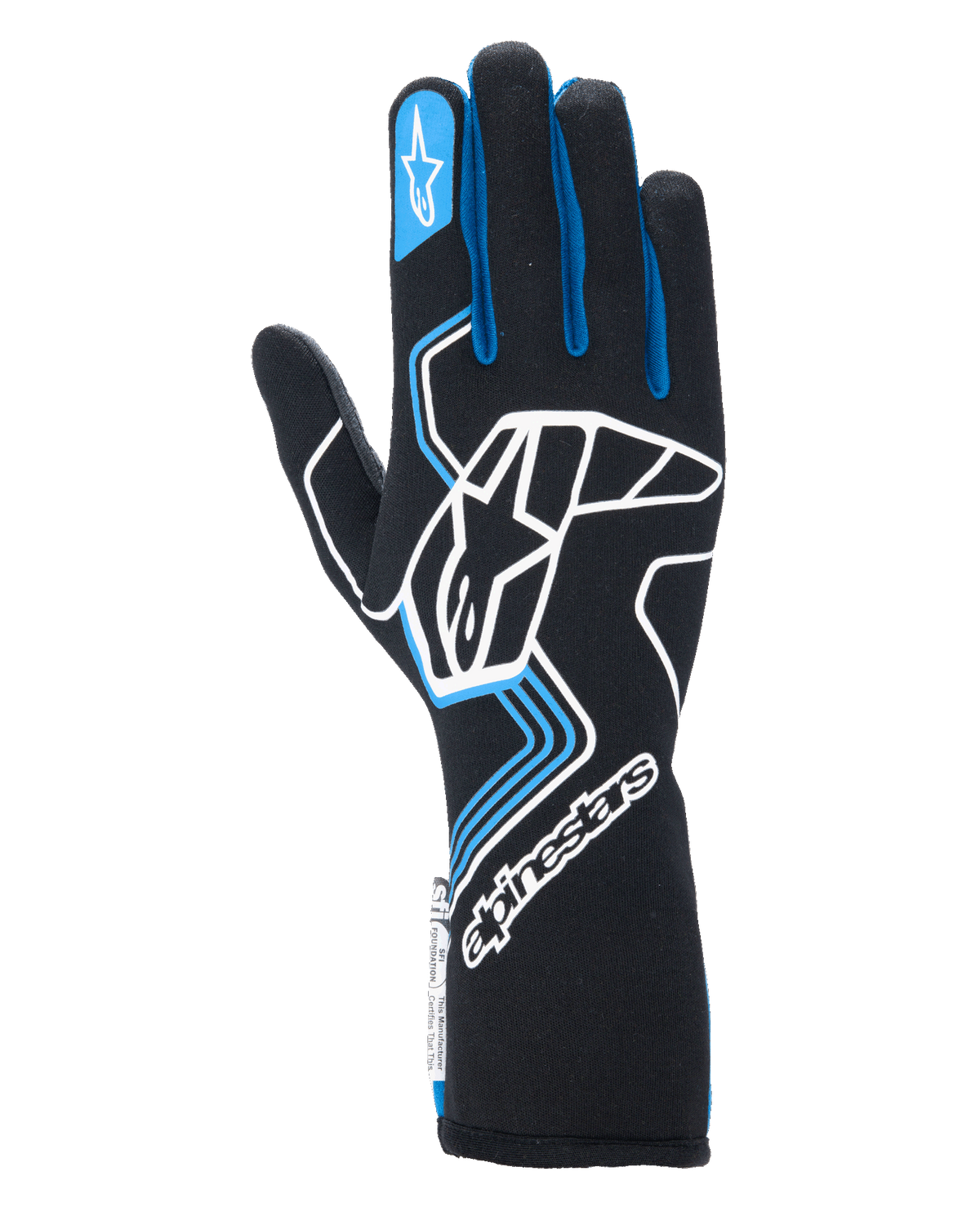 Guanti Alpinestars Tech-1 Race V4, guanti da corsa automobilistica, nero con dettagli blu e bianchi, con un grande logo bianco sul dorso, profili blu sulle dita e polsino lungo, design professionale ignifugo per motorsport