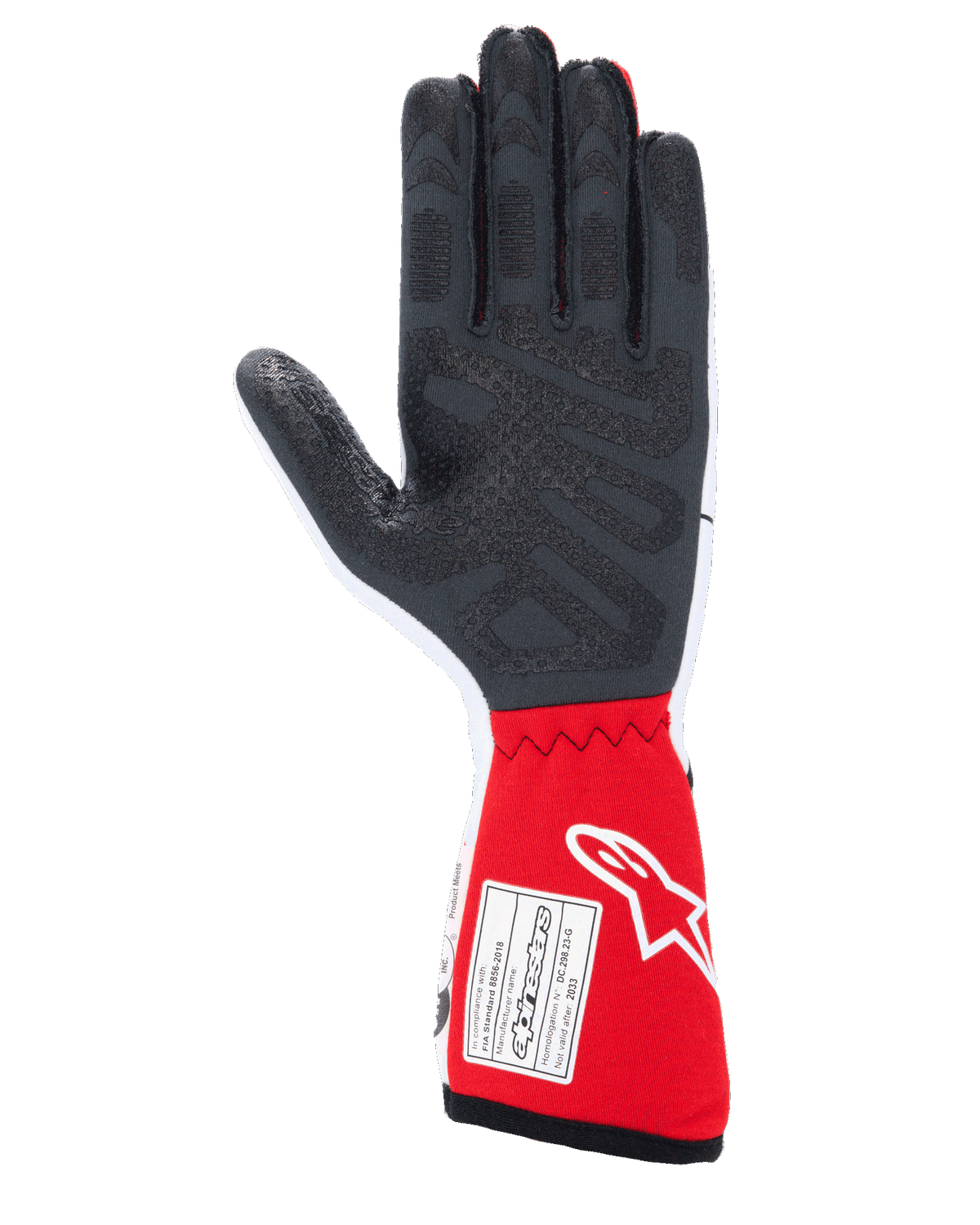 Guanti Alpinestars Tech-1 Race V4, guanti da auto racing, bianco e rosso, vista del palmo con motivi grip in silicone nero testurizzato e etichetta di certificazione FIA 8856-2018 sul polsino esteso rosso, equipaggiamento professionale per motorsport