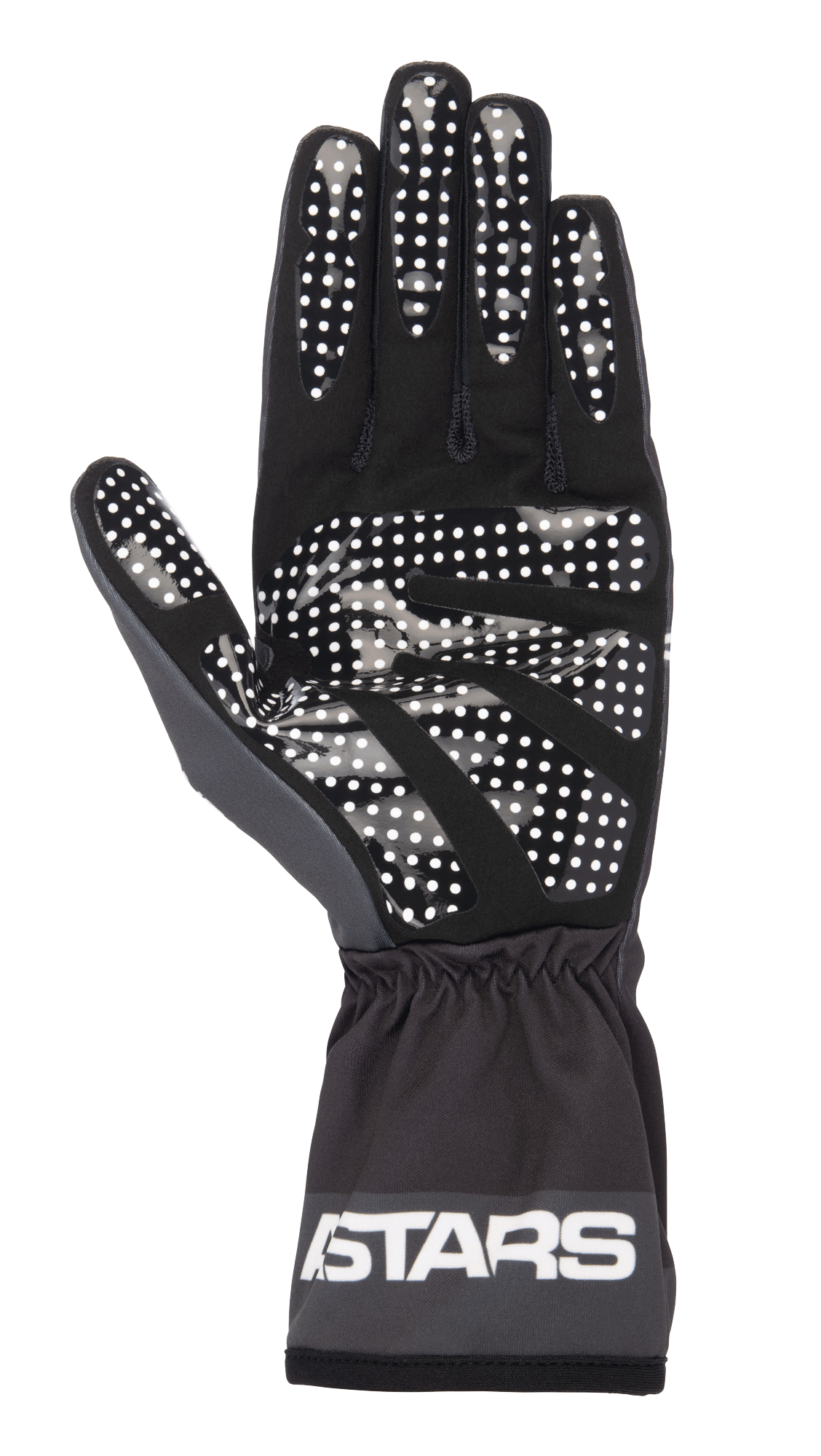 Guanti Alpinestars Tech-1 K Race V2 One Vision, nero e grigio scuro, vista del palmo con motivo grip a pois in silicone bianco, polsino elasticizzato con logo ASTARS, attrezzatura leggera da karting