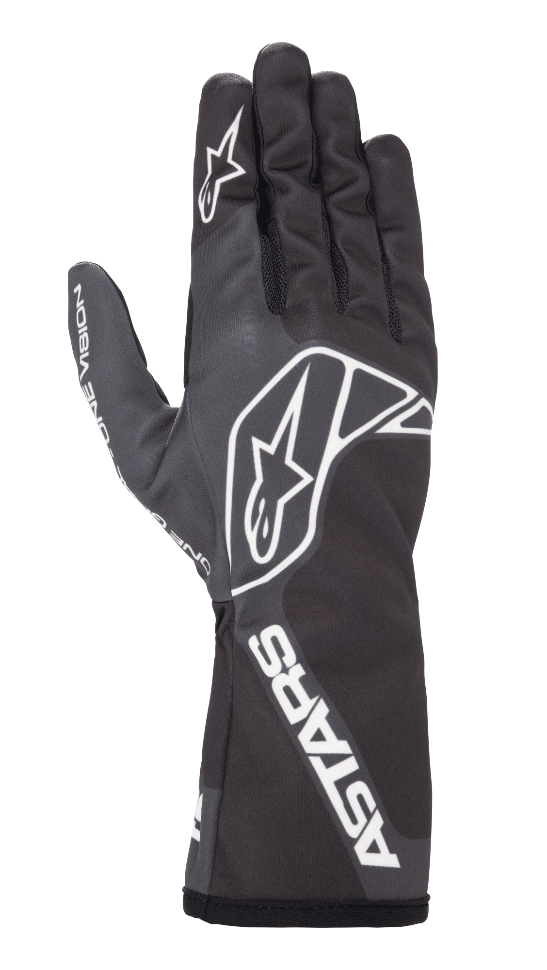 Guanti Alpinestars Tech-1 K Race V2 One Vision, guanti da karting, nero e grigio, con logo a stella bianco sul dorso e sul dito, marchio ASTARS sul polsino, design aerodinamico con polsino lungo a manicotto