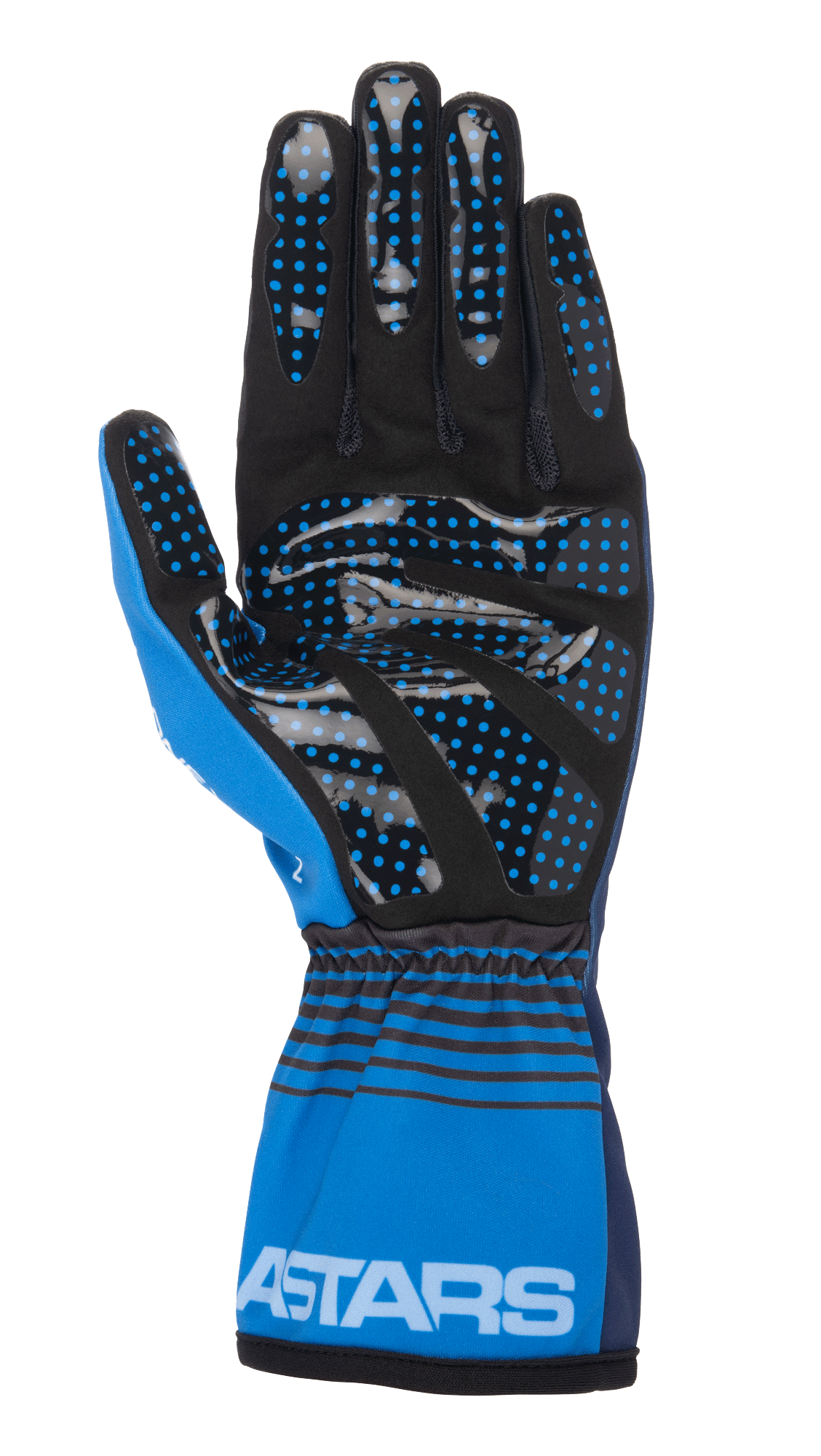 Alpinestars Tech-1 K Race V2 Future Gloves, guanti da kart, blu navy e azzurro, vista del palmo con camoscio sintetico nero e punti grip in silicone blu, polsino elasticizzato con strisce orizzontali nere e marchio ASTARS bianco