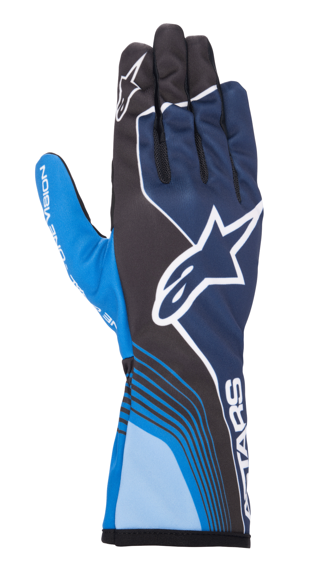 Guanti Alpinestars Tech-1 K Race V2 Future, guanti da karting, blu navy e azzurro con accenti neri, grande logo a stella bianco, linee curve dinamiche, sezioni delle dita in mesh, design sportivo da motorsport con branding bianco