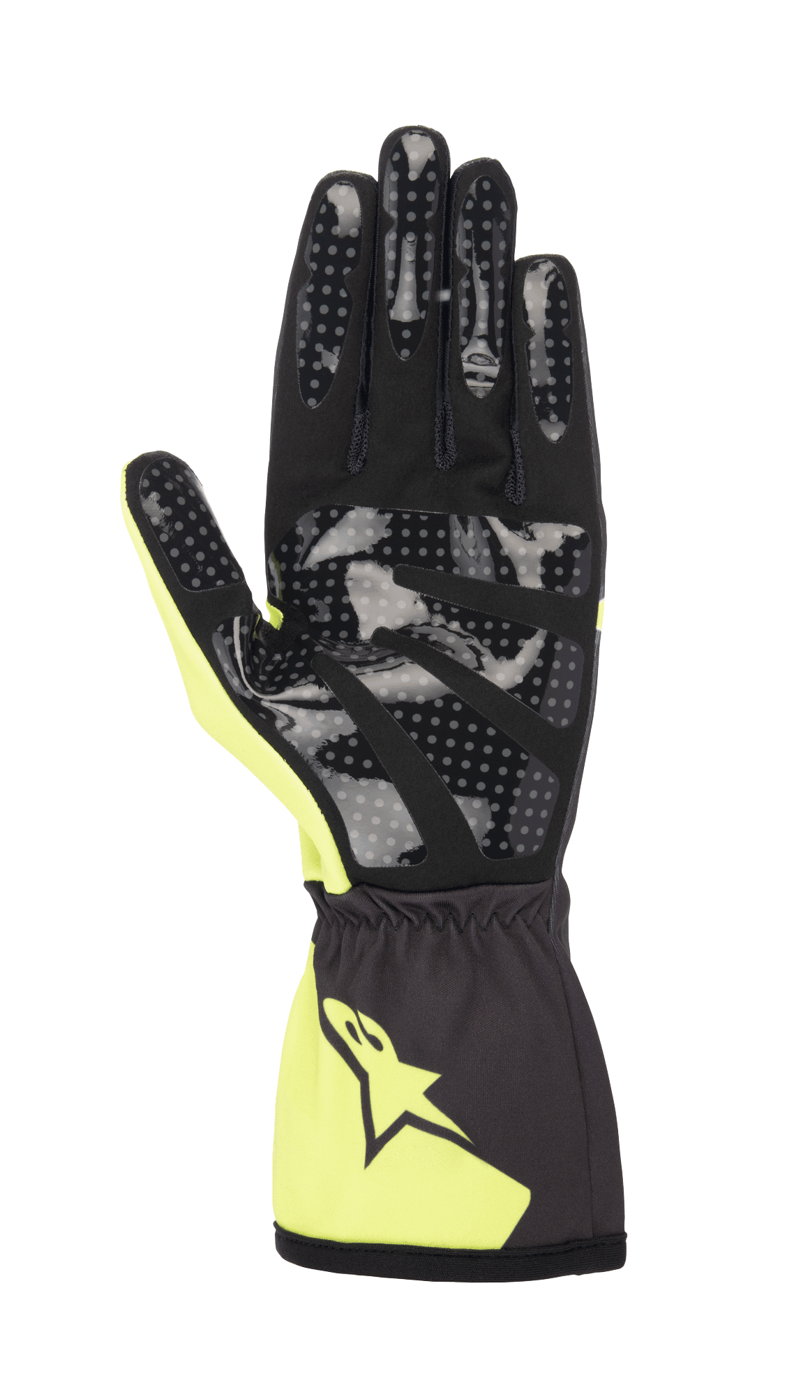 Guanti Alpinestars Youth Tech-1 K Race S V2 Corporate, guanti da kart per ragazzi, antracite e lime, vista del palmo con stampa grip in silicone a pois, palmo in scamosciato sintetico e polsino elasticizzato con logo Alpinestars