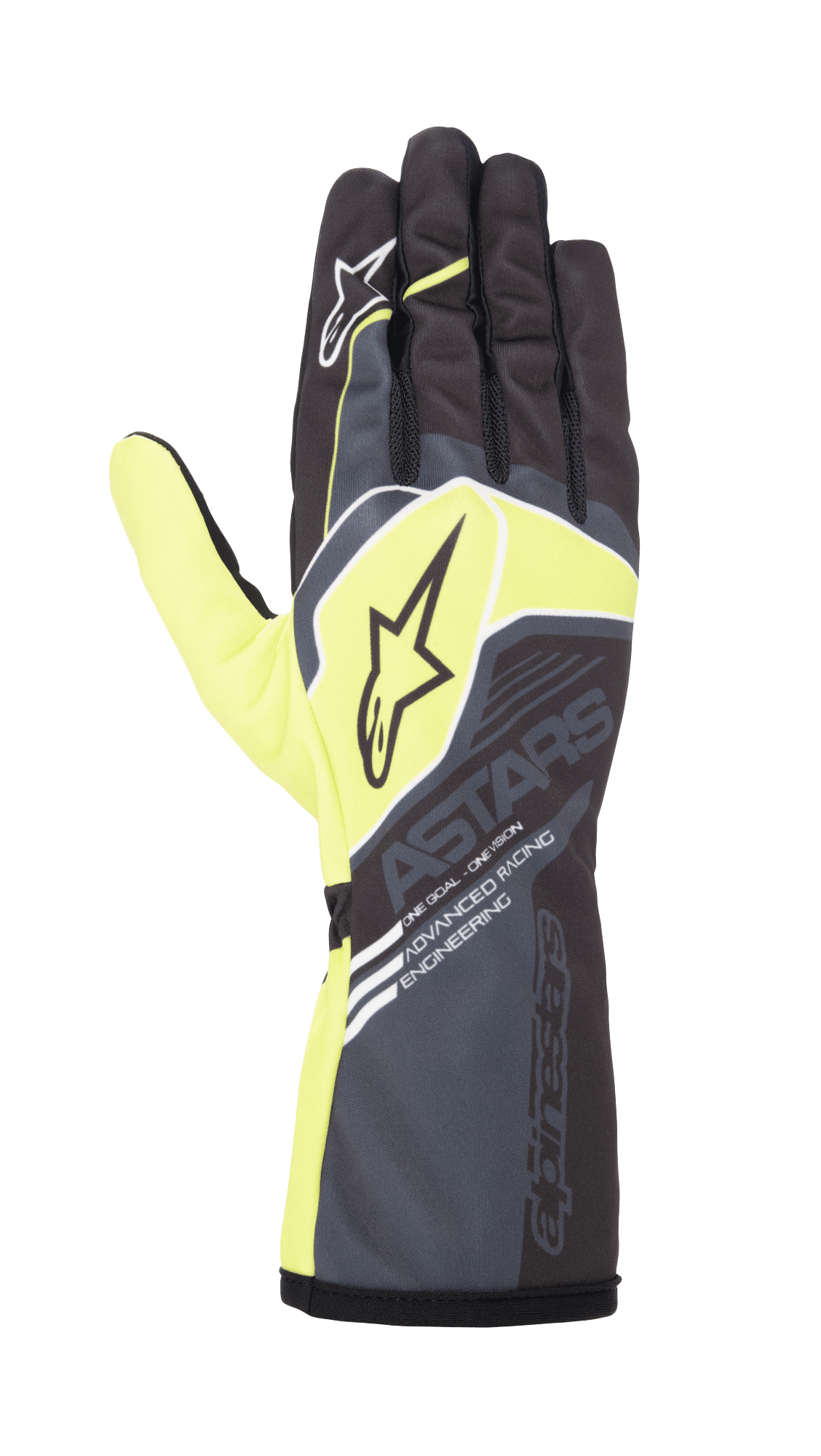 Guanti Alpinestars Youth Tech-1 K Race S V2 Corporate, guanti da karting, antracite e verde lime, caratterizzati da loghi a stella e marchio 'ASTARS', polsino lungo a manicotto con scritta 'Advanced Racing Engineering', design racing ad alte prestazioni per giovani piloti