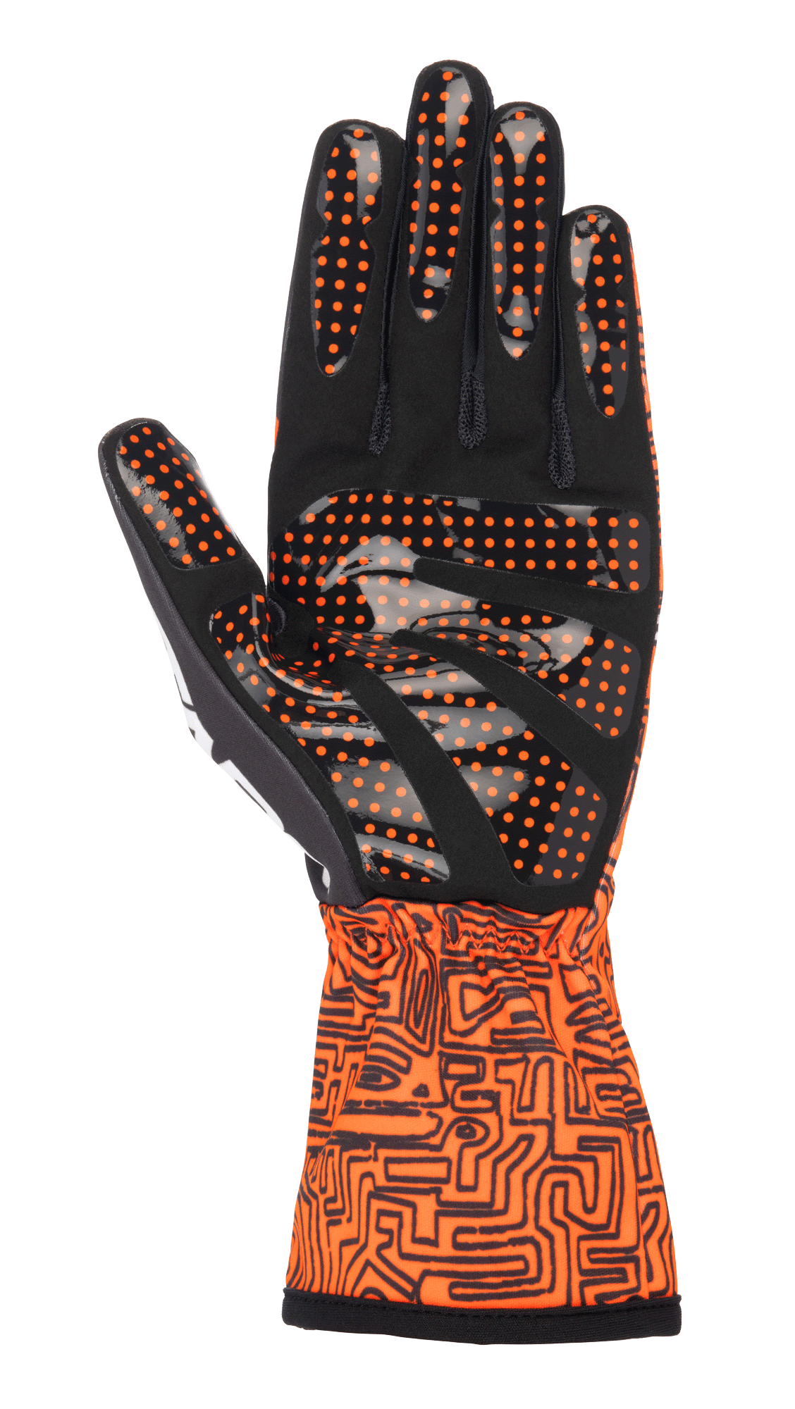 Guanti Alpinestars Tech-1 K Race V2 Vertical, guanti da karting, arancione fluo e nero, vista del palmo in camoscio sintetico nero con grip a pois in silicone arancione, polsino a manicotto con intricato motivo grafico nero, progettati per il controllo di precisione nel karting