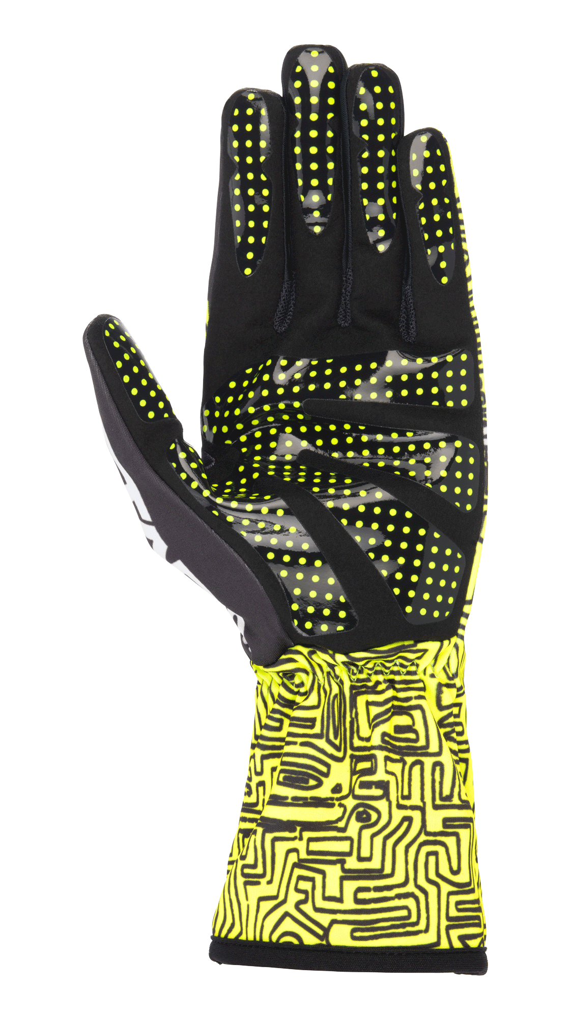 Guanti Alpinestars Tech-1 K Race V2 Vertical, giallo fluo e nero, vista del palmo con motivo grip in silicone a punti gialli, stampa digitale astratta sul polsino, design specialistico per il kart