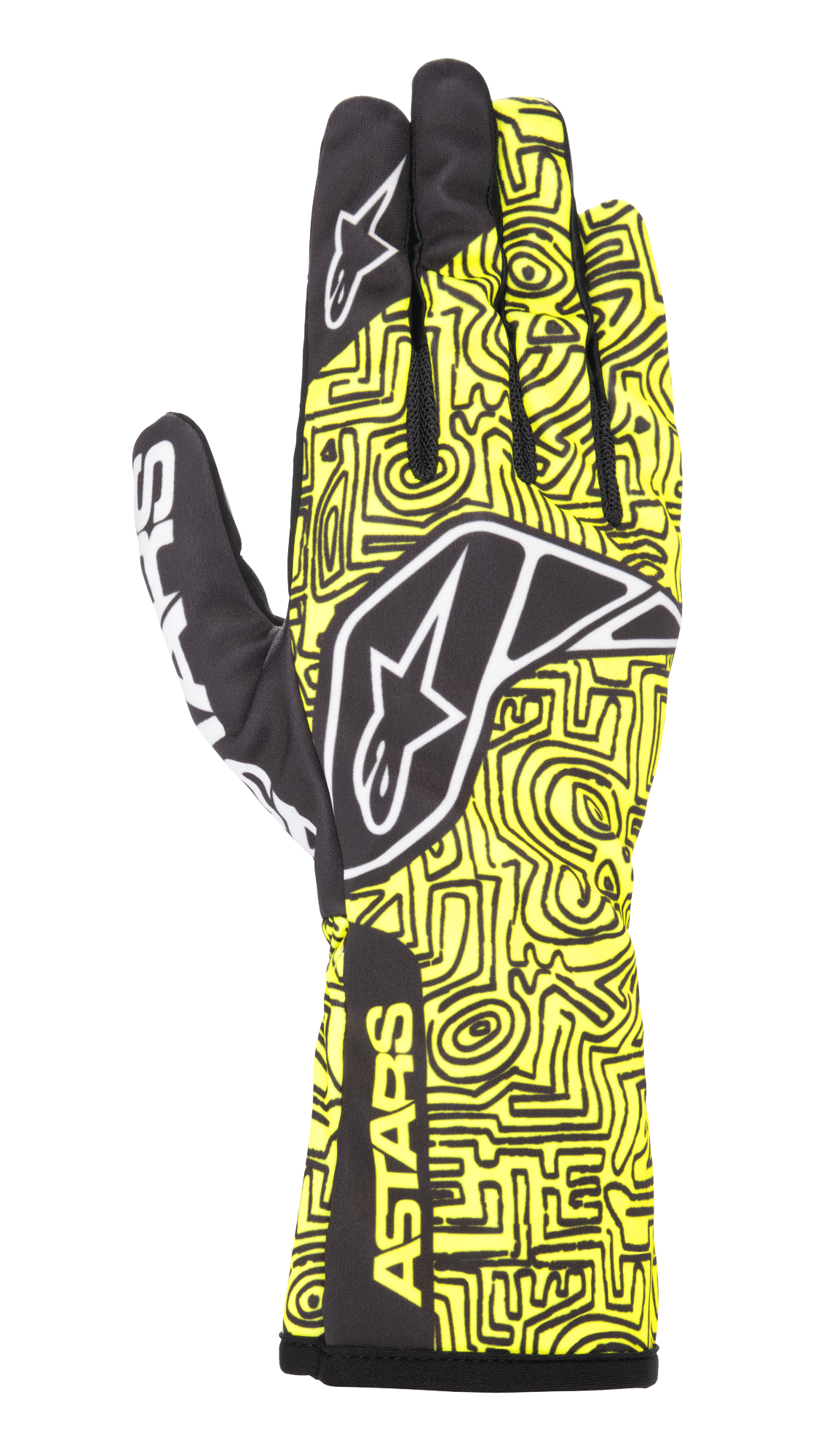 Alpinestars Tech-1 K Race V2 Vertical Gloves, guanti da kart, giallo fluo e nero, con logo a stella bianco, motivo a linee astratte e branding ASTARS sul polsino, design leggero per prestazioni motorsport
