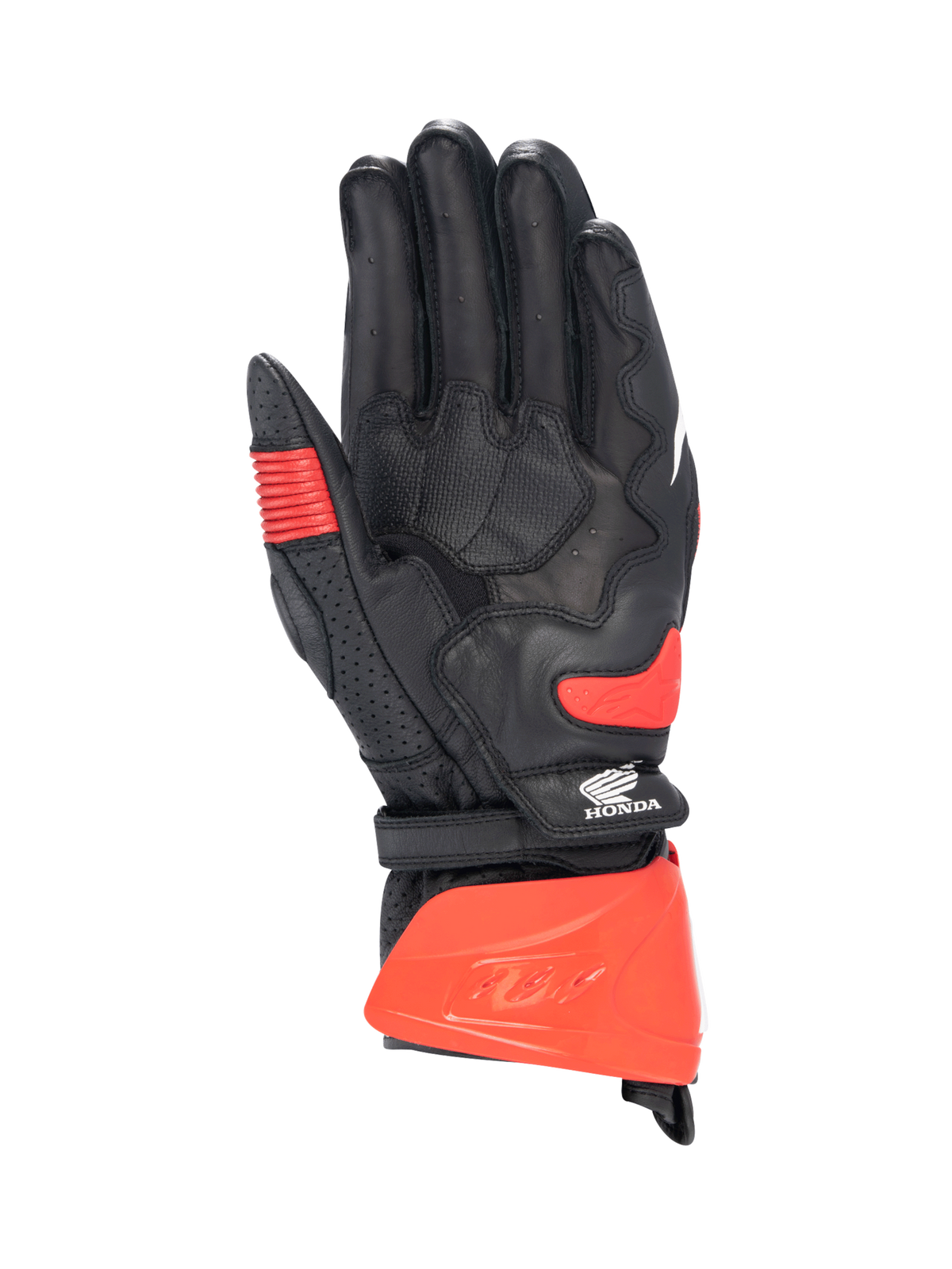 Alpinestars Guanti Honda GP Pro R3, guanti da moto racing con polsino lungo, nero e rosso brillante, palmo in pelle di canguro, certificati CE