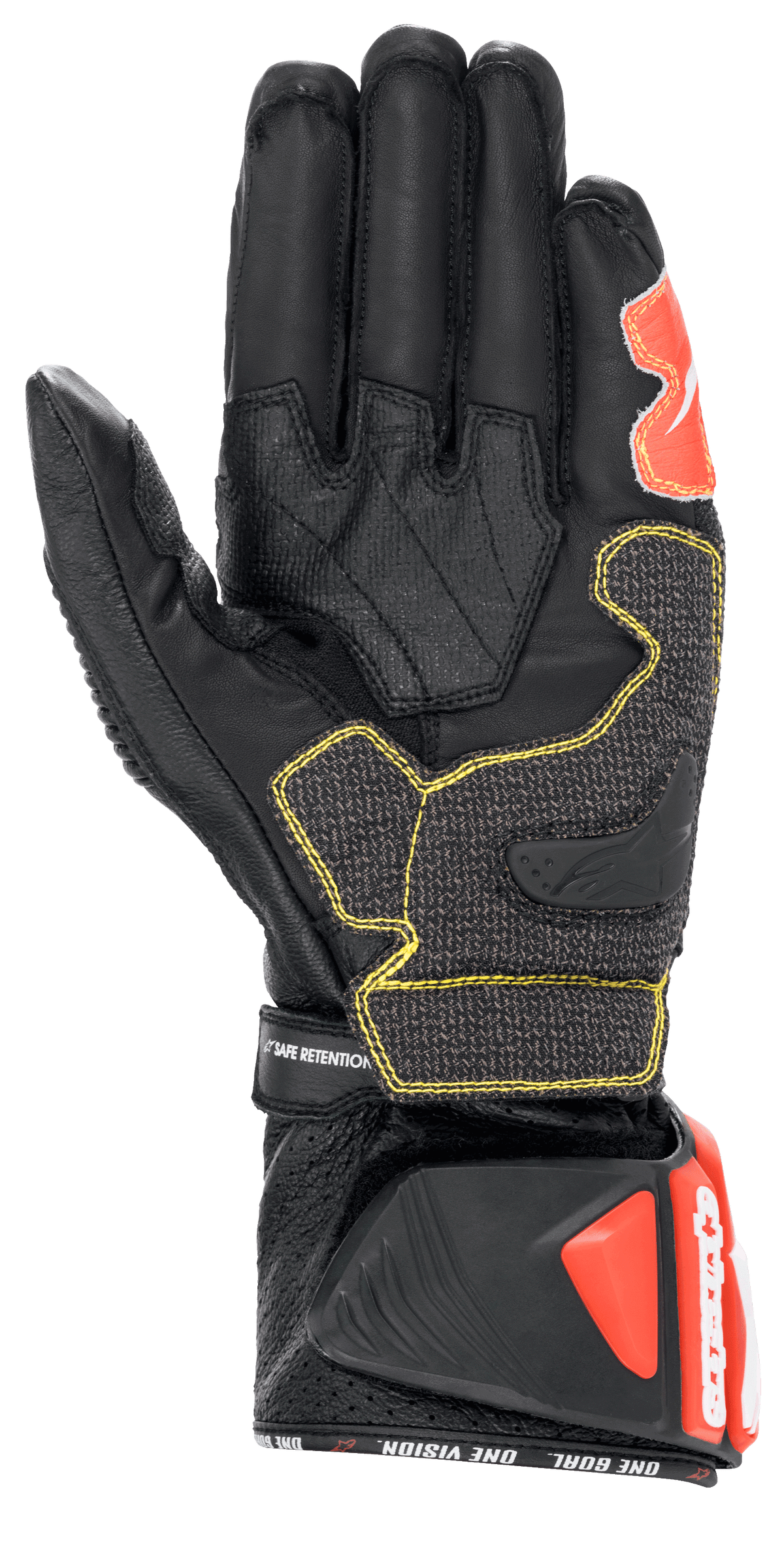 Guanti Alpinestars GP Tech V2, nero, bianco e rosso fluo, vista del palmo con costruzione in pelle nera e cuciture gialle a contrasto, polsino protettivo DFS con dettagli rossi, equipaggiamento professionale da corsa per moto