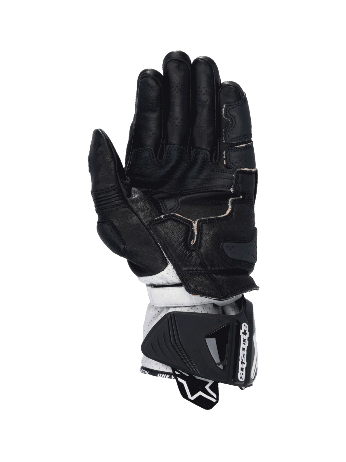 Alpinestars Guanti GP Pro R4, guanti da moto racing da uomo, neri e bianchi, vista palmo in pelle di canguro e protezione DFS