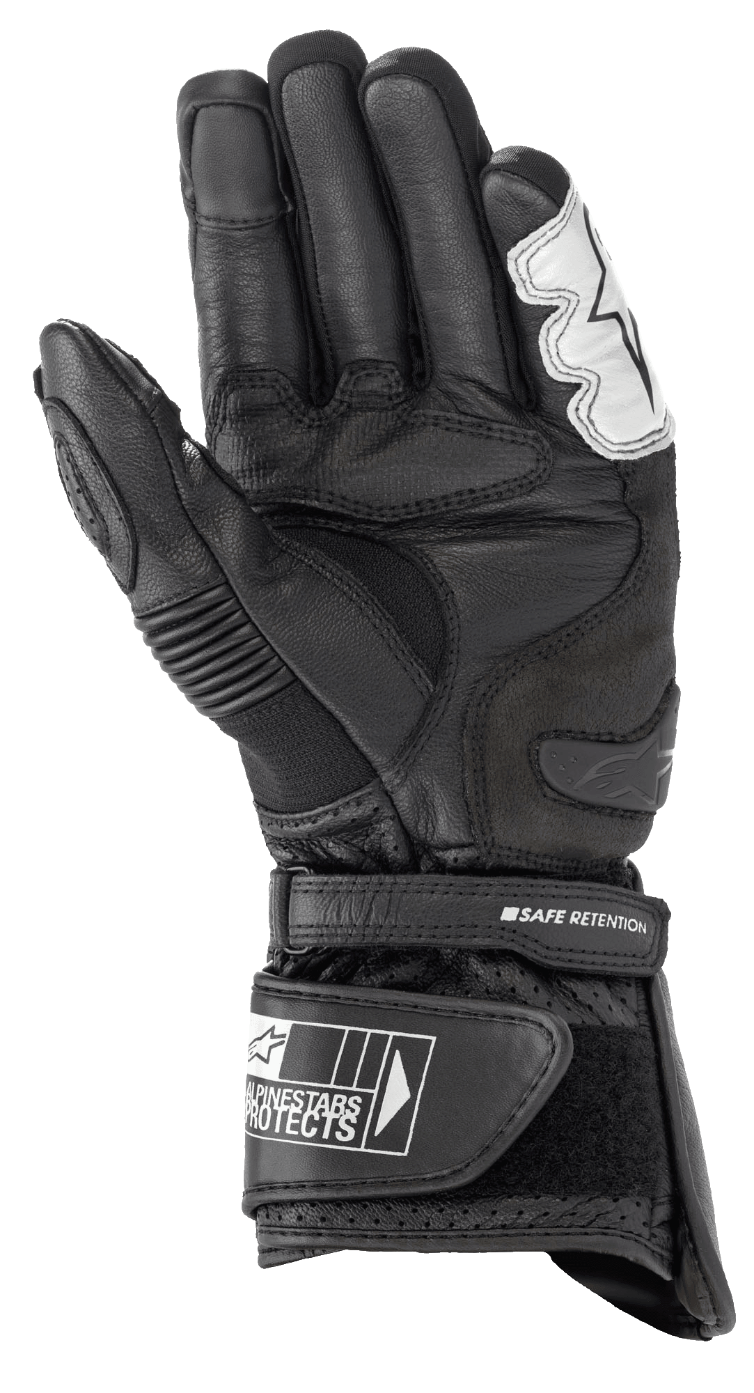 Guanti Alpinestars SP-2 V3, guanti da moto stradali, nero e bianco, vista del palmo con struttura in pelle pieno fiore, slider sul palmo in TPU, polsino regolabile con cinturino Safe Retention e branding Alpinestars