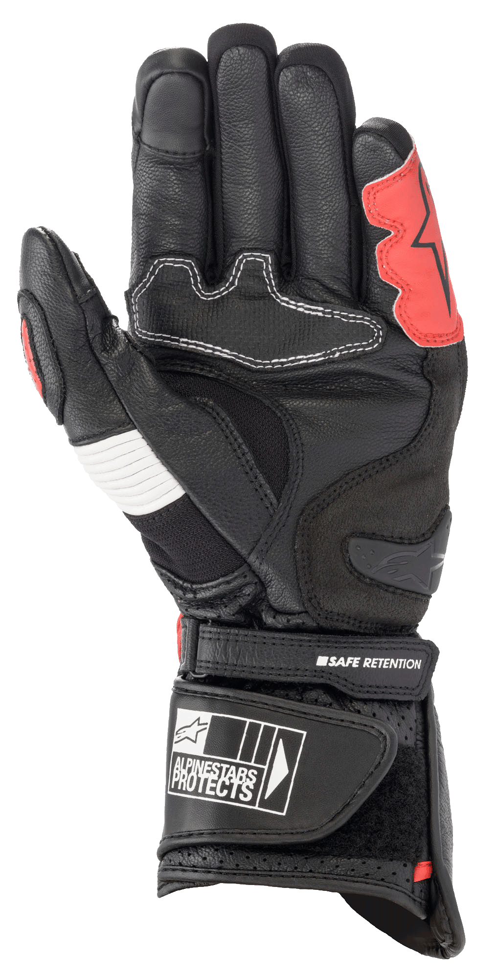 Guanti Alpinestars SP-2 V3, nero, bianco e rosso brillante, vista del palmo con costruzione in pelle rinforzata, slider in TPU sul palmo, pannello a fisarmonica bianco e cinturino di sicurezza sul polso con logo