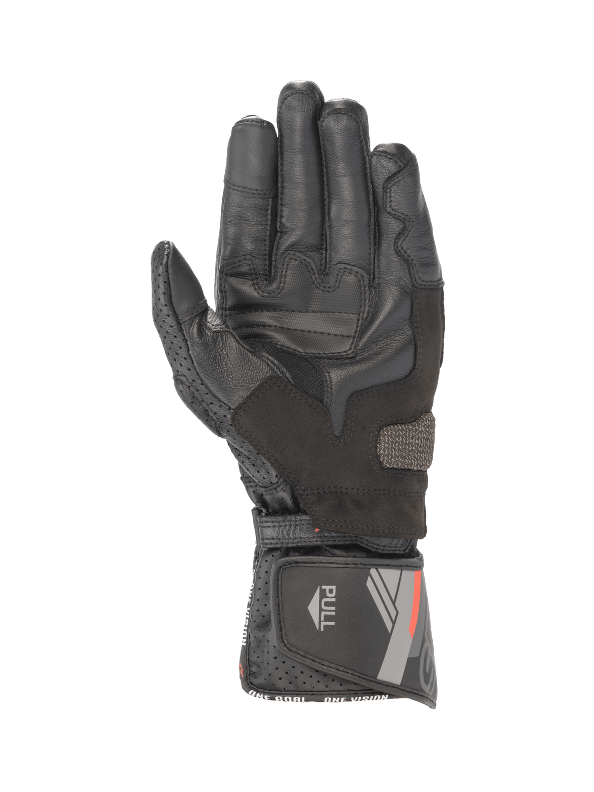 Alpinestars Guanti SP-8 V3, guanti da moto neri in pelle, vista del palmo con rinforzi grip e chiusura del polsino a strappo.