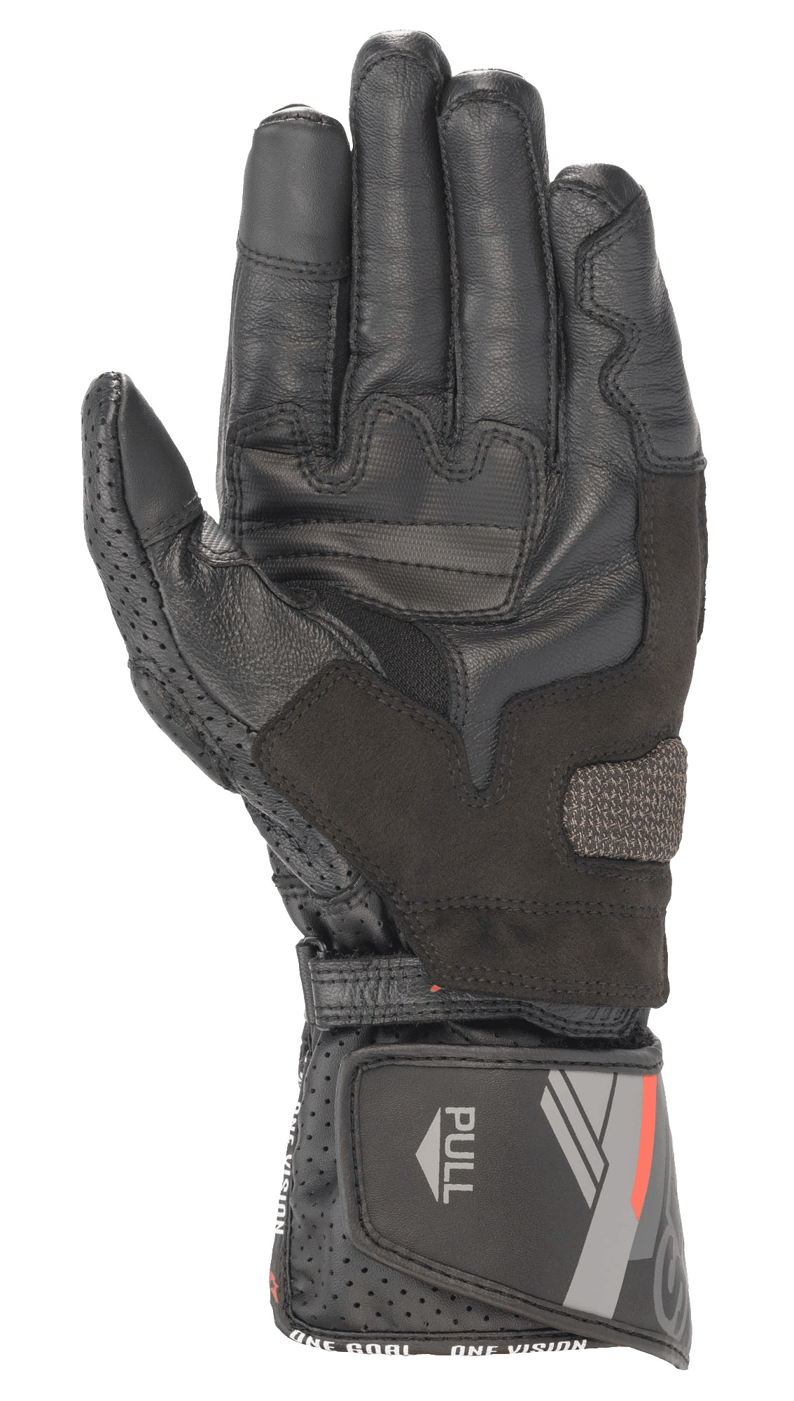 Alpinestars SP-8 V3 Leather Glove, nero, vista del palmo con pannelli di rinforzo per il grip e pollice traforato, polsino regolabile con grafiche rosse e grigie e linguetta 'PULL', abbigliamento sportivo da moto