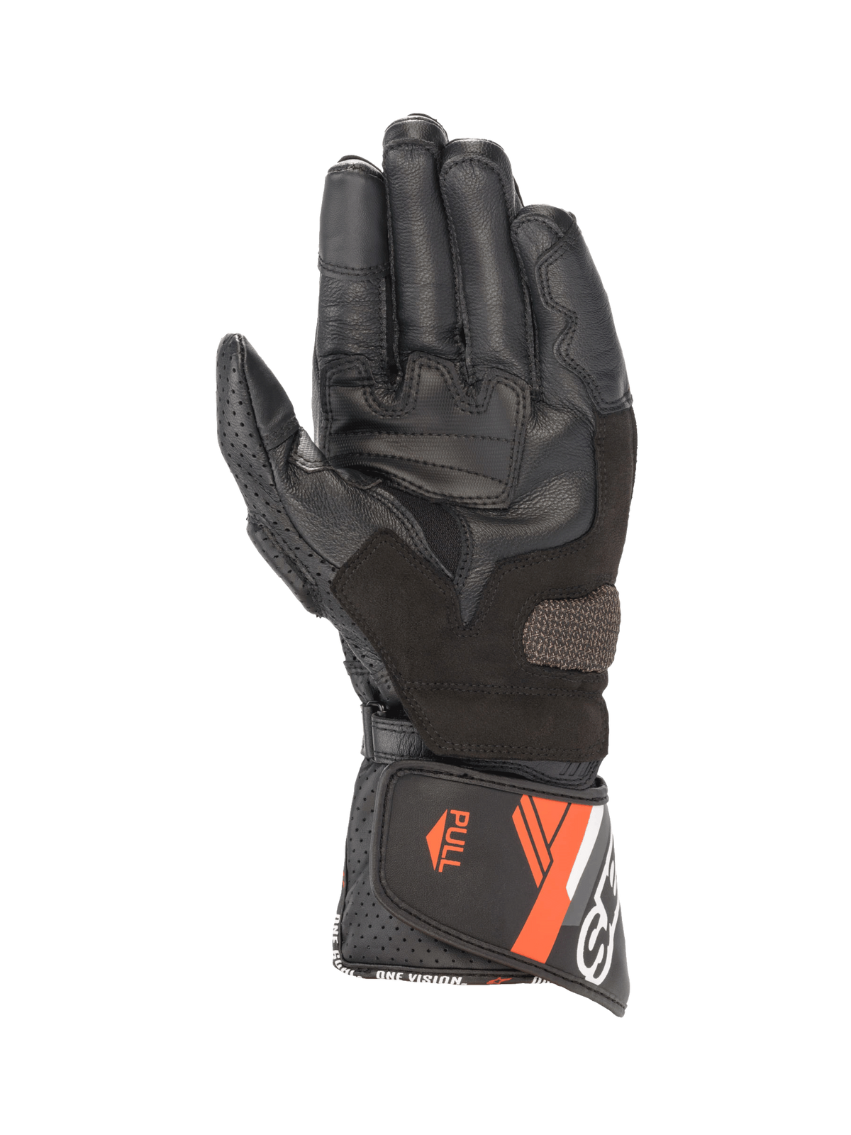 Alpinestars guanti SP-8 V3, guanti da moto da uomo in pelle, neri e rossi fluo, vista del palmo con inserti grip e chiusura del polsino a strappo.