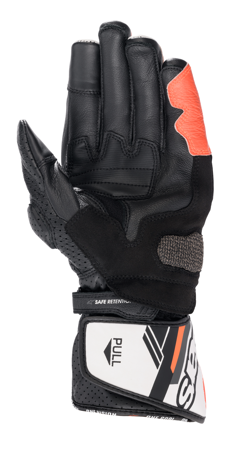 Guanti Alpinestars SP-8 V3, guanti da corsa per moto, nero, bianco e rosso fluo, vista del palmo con inserti grip testurizzati e palmo rinforzato, chiusura del polsino a strappo con cinturino 'SAFE RETENTION' e linguetta 'PULL' bianca, dettagli in pelle traforata