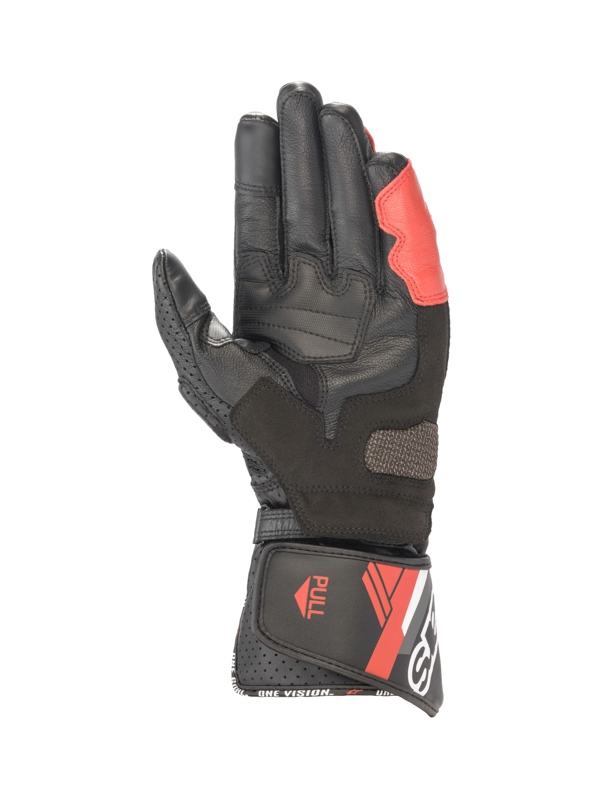 Alpinestars Guanti SP-8 V3, guanti da moto racing da uomo, neri, bianchi e rossi brillanti, vista del palmo in pelle con rinforzi e chiusura a strappo.