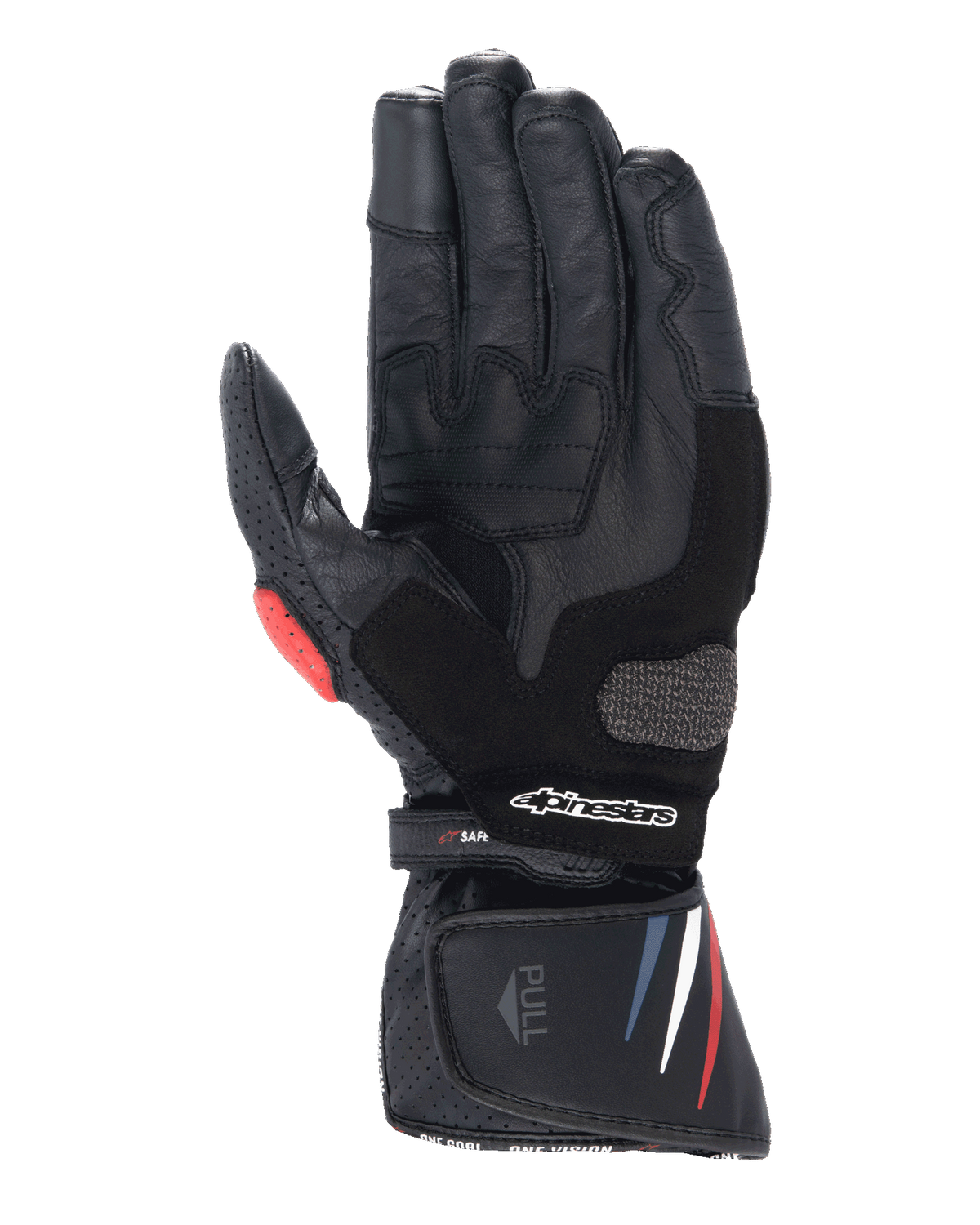Guanti Alpinestars Honda SP-8 V3, guanti da moto, nero con accenti rossi e blu, vista del palmo che mostra la costruzione in pelle pieno fiore, cursore del palmo rinforzato, dettagli traforati e polsino esteso con logo Alpinestars.