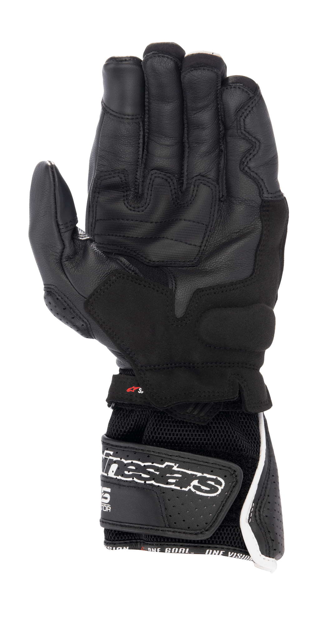 Guanti Alpinestars SP-8 V3 Air, guanti da moto, nero con accenti bianchi e rossi, vista del palmo in pelle traforata, zone di presa rinforzate e polsino in mesh 3D con grande logo Alpinestars sulla chiusura in velcro