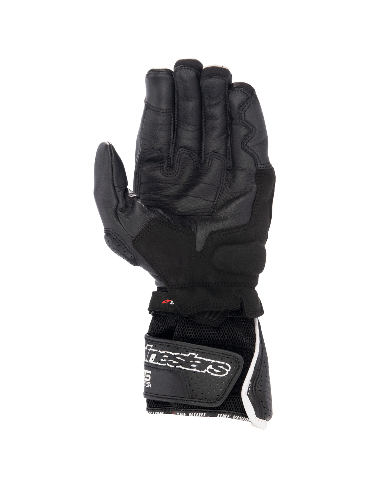 Alpinestars Guanti SP-8 V3 Air, guanti da moto racing da uomo, neri e bianchi, vista del palmo in pelle traforata e chiusura in velcro.