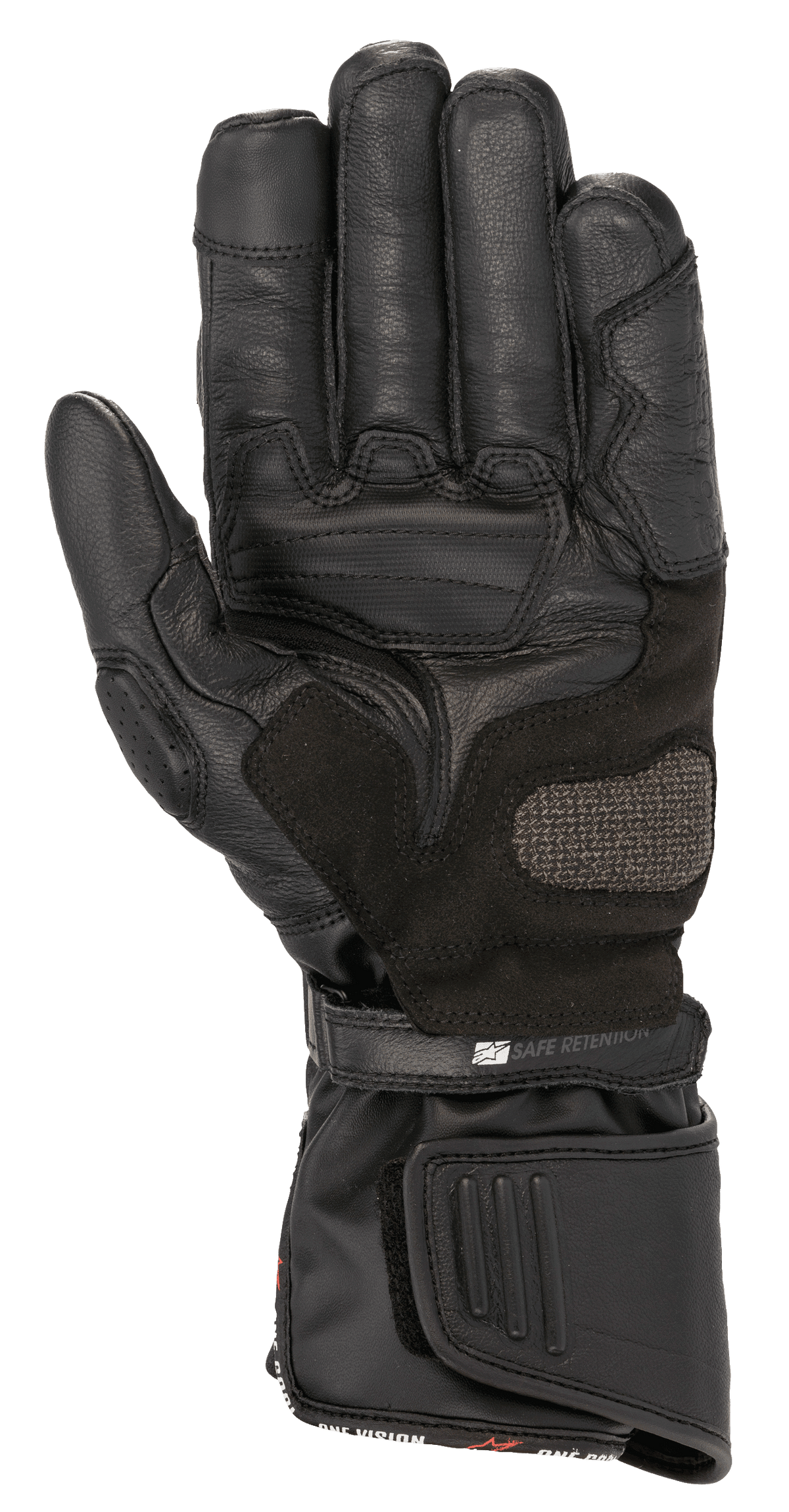 Guanti Alpinestars SP-8 HDry®, guanti da moto, nero, vista del palmo che mostra la struttura in pelle rinforzata, zona di atterraggio ARShield e doppio sistema di chiusura con cinturino 'Safe Retention', protezione impermeabile per guida sportiva.
