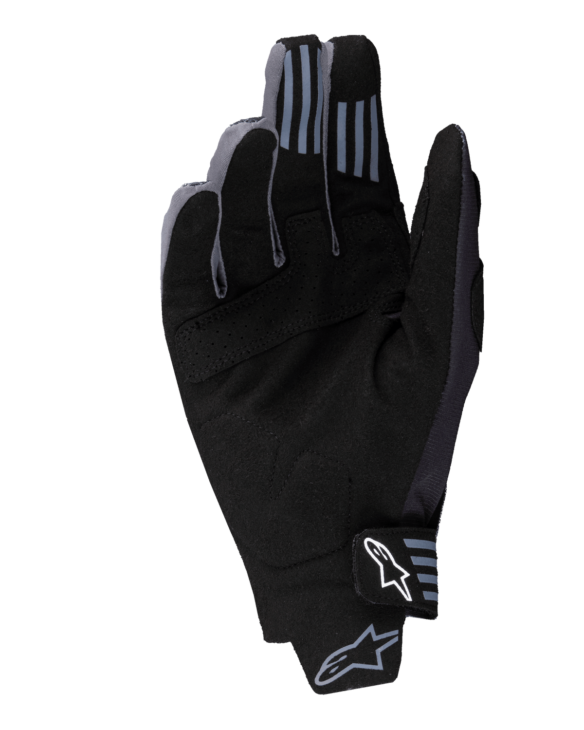 Alpinestars Techstar Gloves 2025, guanti da motocross, nero, vista del palmo in pelle scamosciata sintetica con dettagli traforati, grip in silicone sulla punta delle dita e logo Alpinestars bianco sulla chiusura del polso