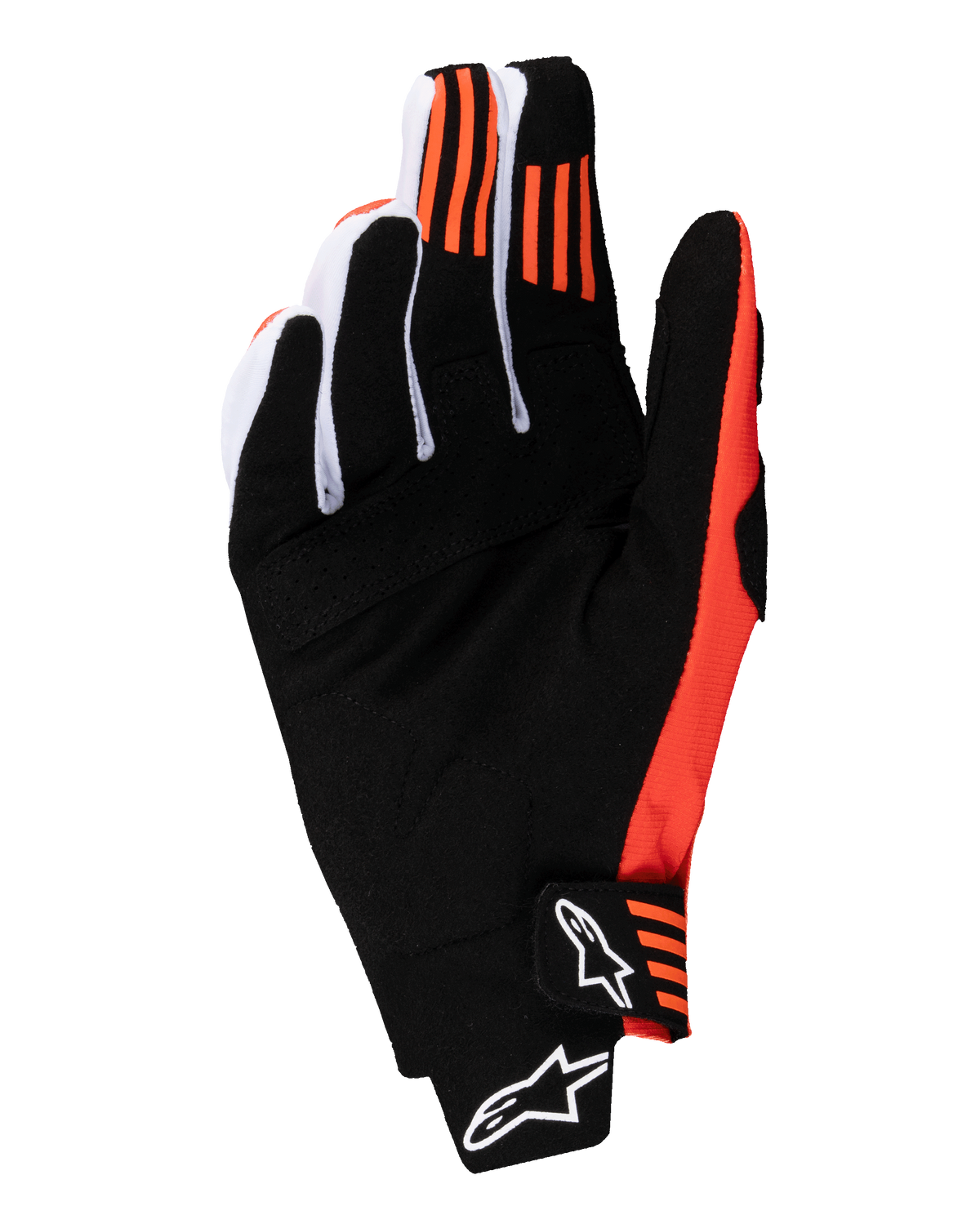 Guanti Alpinestars Techstar 2025, guanti da motocross, nero e arancione acceso, vista del palmo in pelle scamosciata sintetica, inserti in silicone arancione su indice e medio e chiusura sagomata con logo Alpinestars bianco