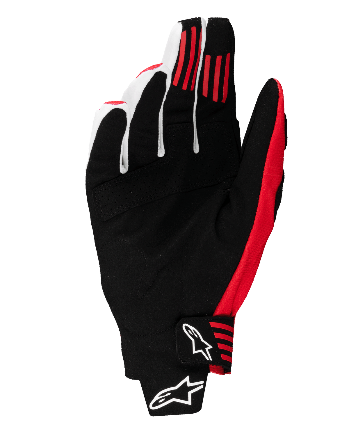 Alpinestars 2025 Techstar Gloves, guanti da motocross, nero e rosso brillante, vista del palmo con costruzione in pelle scamosciata sintetica, strisce antiscivolo in silicone rosso sulle dita e chiusura del polso sagomata con loghi Alpinestars bianchi