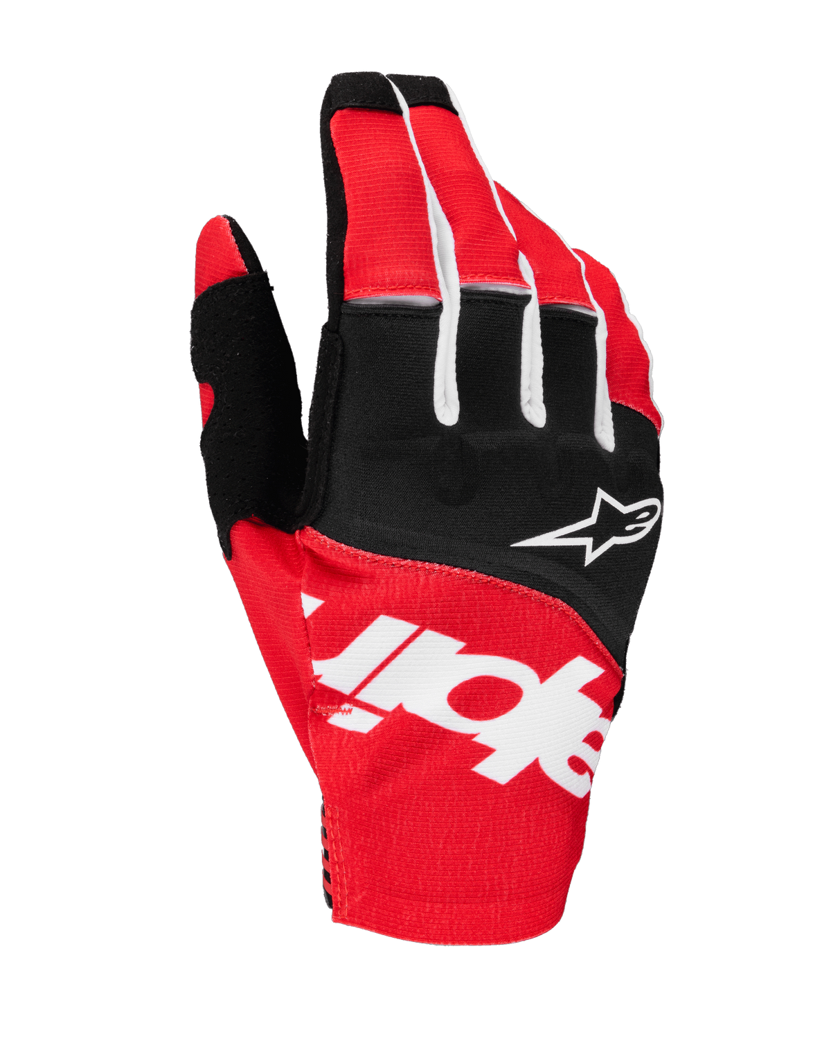 Alpinestars 2025 Techstar Gloves, guanti da motocross, nero e rosso acceso con dettagli bianchi, grande marchio Alpinestars sublimato sul dorso e logo a stella sulle nocche, tessuto elasticizzato resistente per corse fuoristrada