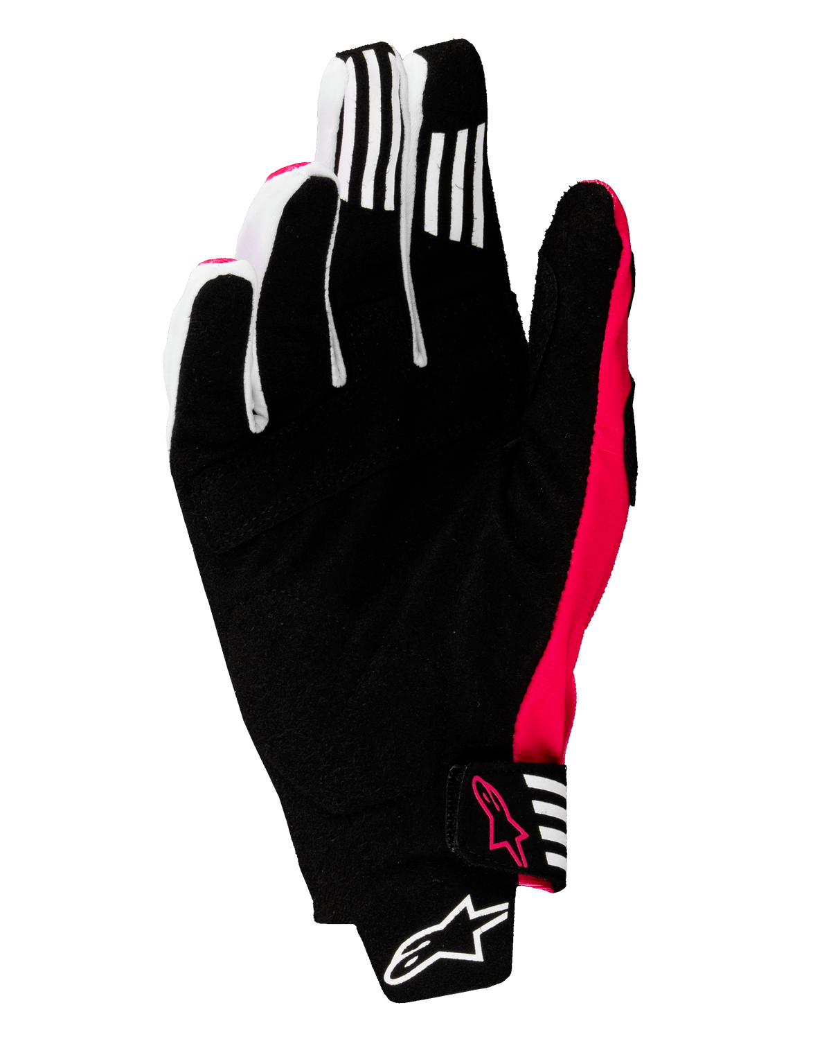 Alpinestars Guanti Techstar 2025, guanti da motocross, nero e rosa fluo, vista del palmo con pelle scamosciata sintetica rinforzata, strisce bianche antiscivolo sulle dita, dettagli e loghi rosa fluo, chiusura del polso senza cuciture con marchio Alpinestars