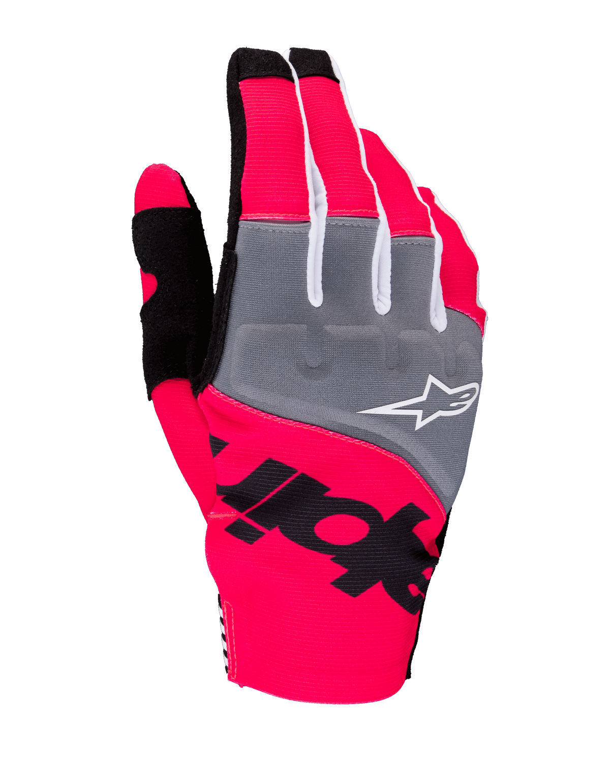 Alpinestars Guanti Techstar 2025, guanti da motocross, rosa fluo, grigio e nero, con pannelli grigi sulle nocche e logo bianco, grafica nera su tessuto elasticizzato rosa neon, design leggero con dettagli bianchi per prestazioni off-road