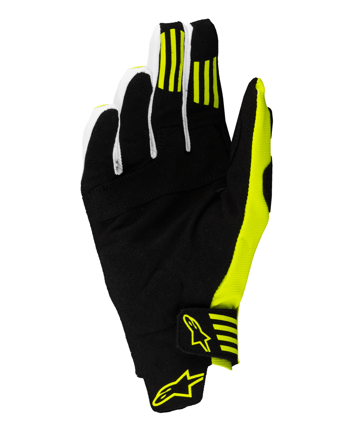 Alpinestars Techstar Gloves 2025, guanti da motocross, nero e giallo fluo, vista del palmo con pelle scamosciata sintetica rinforzata, strisce in silicone per il grip su primo e secondo dito, chiusura sicura del polso con loghi gialli.