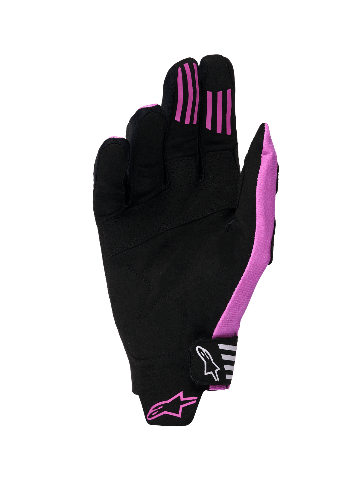 Alpinestars 2026 Techstar Gloves, guanti da motocross, nero e viola, vista del palmo con costruzione in pelle scamosciata sintetica, strisce grip in silicone sulle dita e chiusura a strappo in Velcro sagomata con logo.