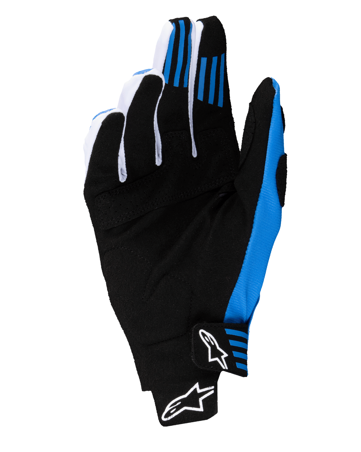 Guanti Alpinestars Techstar 2025, guanti da motocross, nero e blu, vista del palmo che mostra la costruzione in pelle scamosciata sintetica rinforzata, grip in silicone blu sulle dita e chiusura del polso senza cuciture con loghi Astars bianchi.