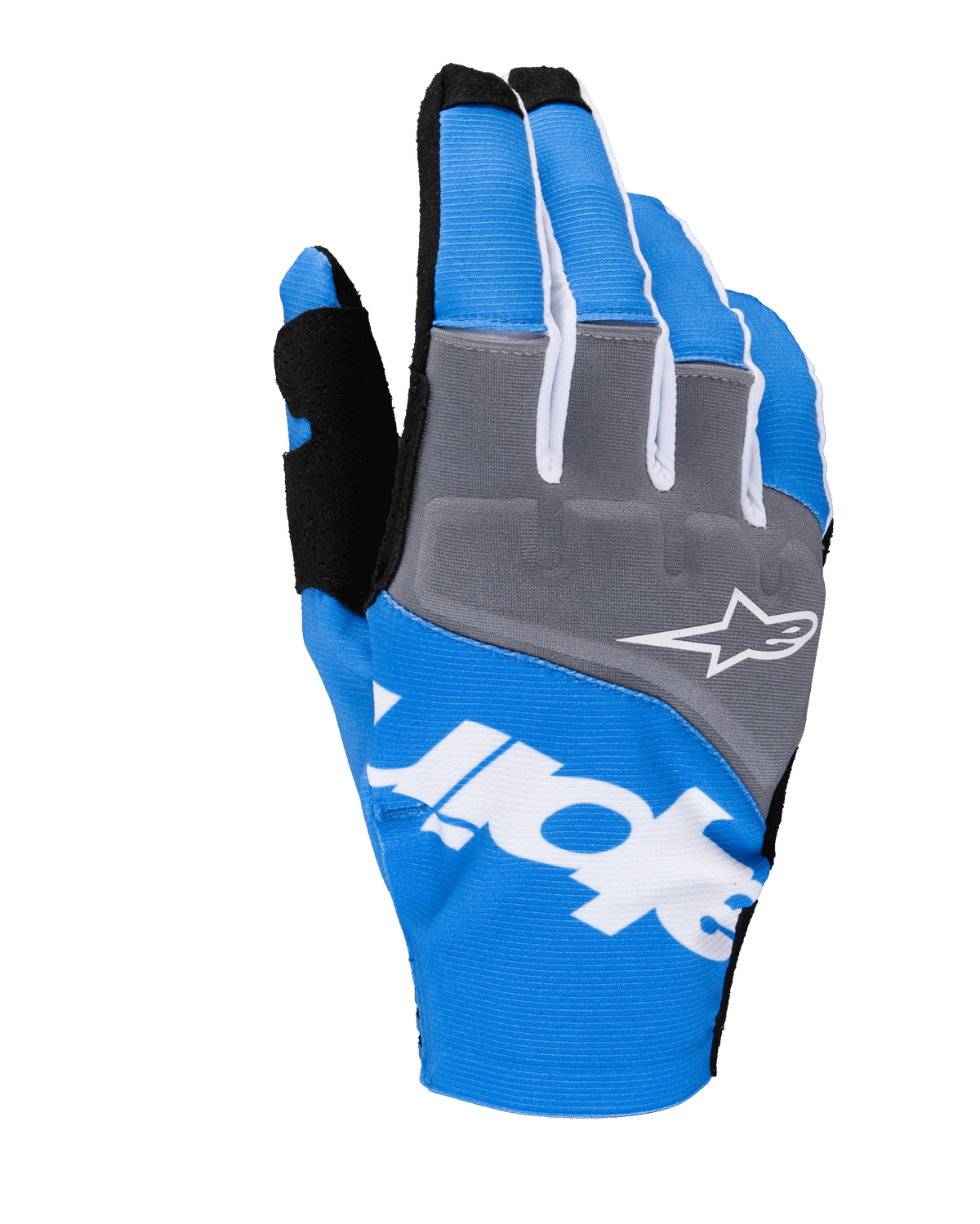 Alpinestars Guanti Techstar 2025, guanti da motocross, blu e grigio con accenti bianchi e neri, logo a stella bianco sulle nocche, vistoso marchio bianco sul dorso e struttura in tessuto a coste per corse off-road