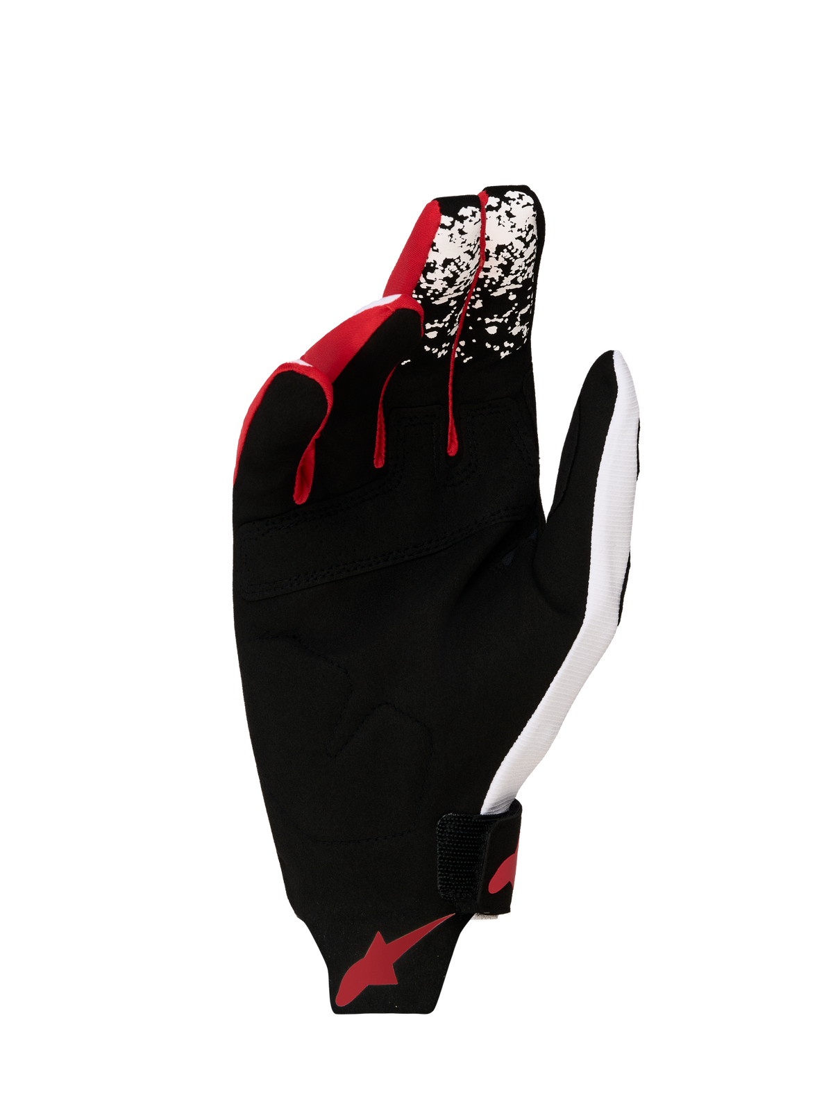 Alpinestars Guanti Techstar 2027, guanti da motocross neri e bianchi con rosso fluo, palmo in pelle scamosciata rinforzata.