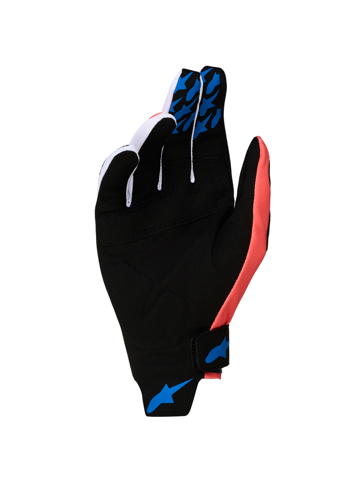 Alpinestars Guanti Techstar 2027, guanti da motocross neri e rosa con palmo in pelle scamosciata sintetica, grip in silicone blu e chiusura a strappo sicura.