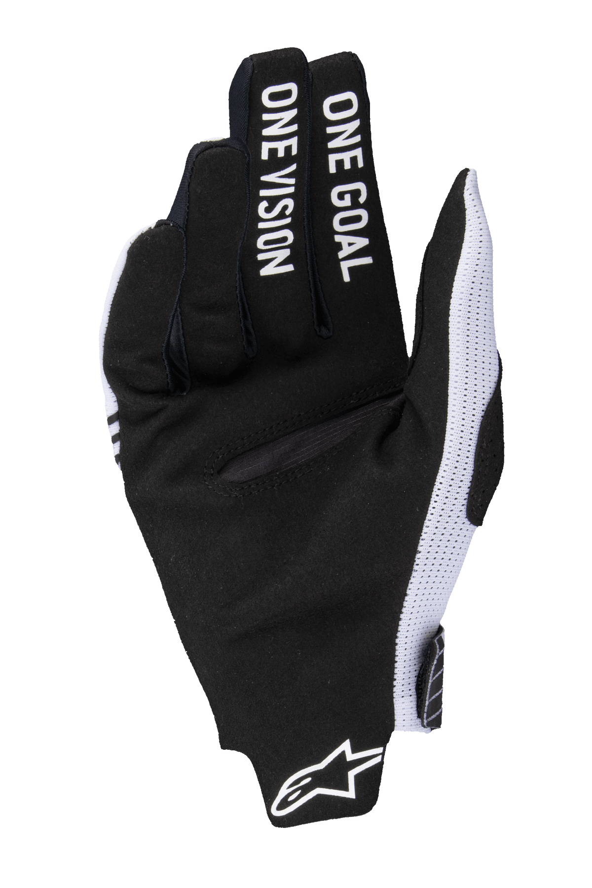 Alpinestars guanti Radar Pro 2025, guanti da motocross, bianco e nero, vista del palmo in pelle scamosciata sintetica nera con scritta 'ONE GOAL ONE VISION' sulle dita, pannelli laterali in rete bianca e logo Alpinestars sul polso.
