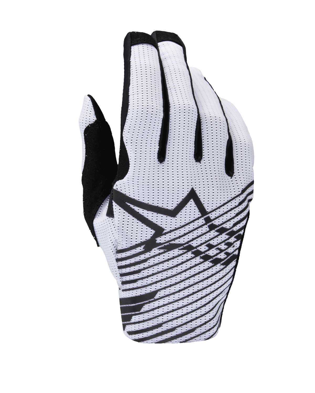 Guanti Alpinestars Radar Pro 2025, guanti da motocross, bianco e nero, vista del dorso con costruzione in mesh traforato, logo Alpinestars a stella nero con linee grafiche orizzontali e dettagli neri sulle dita