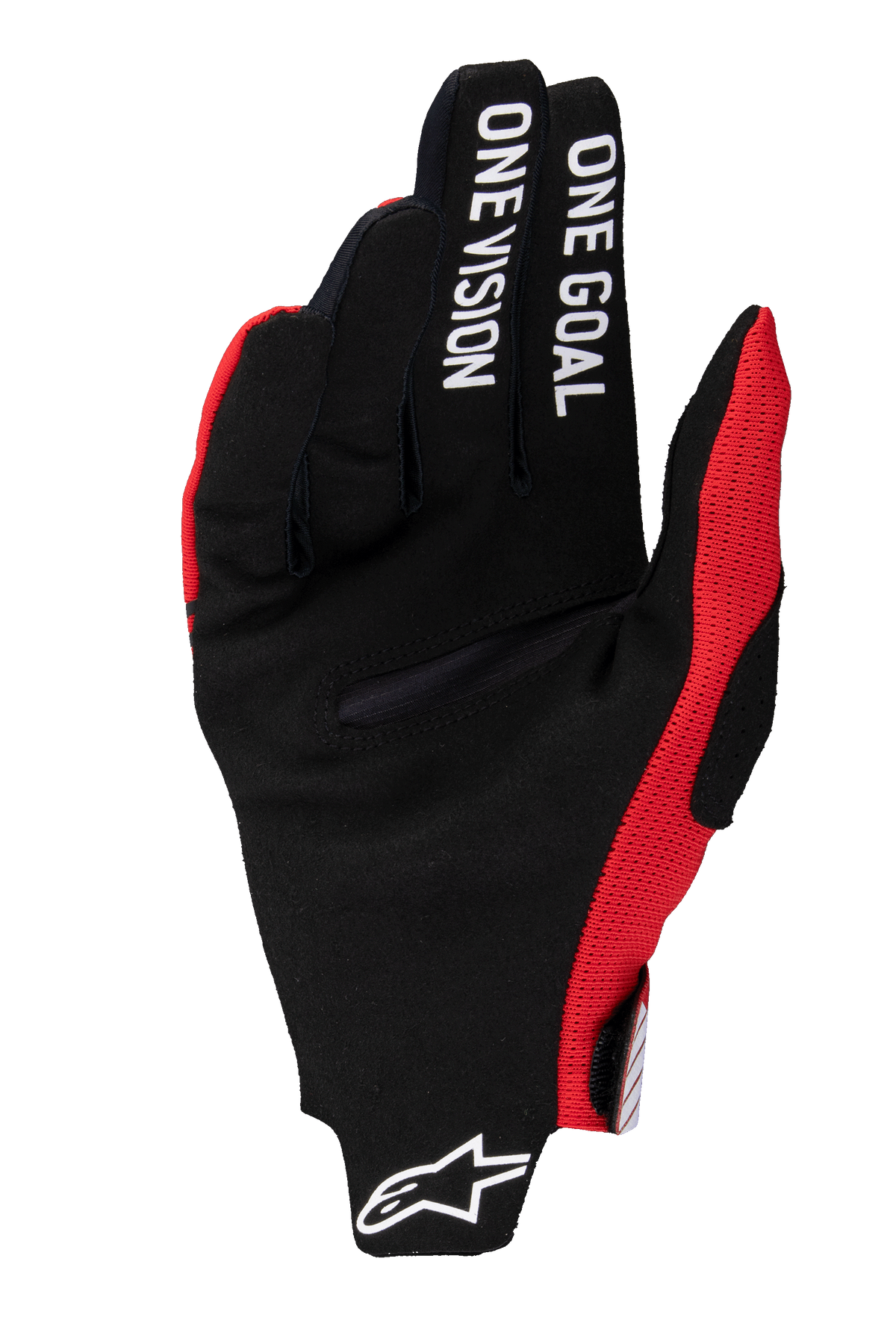 Alpinestars 2025 Radar Pro Gloves, guanti da motocross, rosso acceso, palmo in pelle scamosciata sintetica nera con scritta "ONE GOAL ONE VISION" sulle dita, dettagli in mesh rossi, logo Astars bianco sul polsino, design minimalista per il massimo controllo