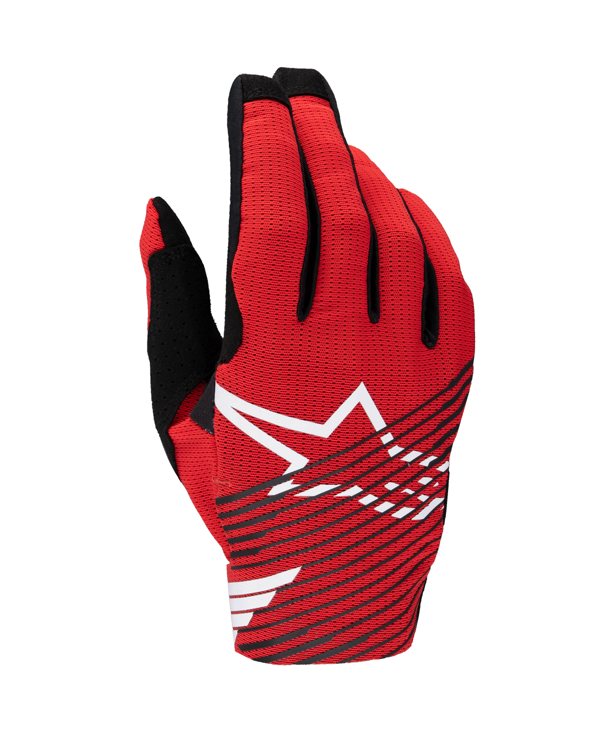 Guanti Alpinestars Radar Pro 2025, guanti da motocross, rosso acceso, nero e bianco, con un grande logo a stella bianca e strisce diagonali nere su un rovescio in rete traspirante, attrezzatura tecnica leggera per gare fuoristrada