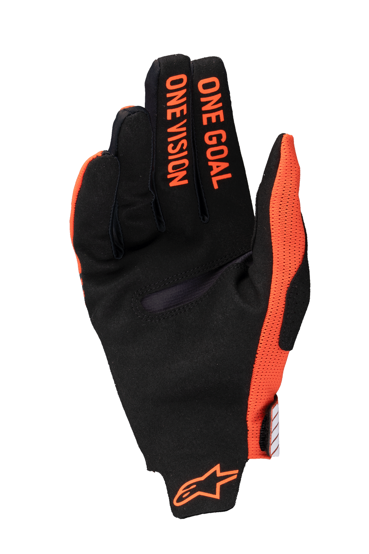 Guanti Alpinestars Radar Pro 2025, guanti da motocross, arancione e nero, vista del palmo con la scritta 'ONE GOAL ONE VISION' sulle dita e logo arancione sul polso, costruzione in pelle scamosciata sintetica e rete traspirante per prestazioni fuoristrada.