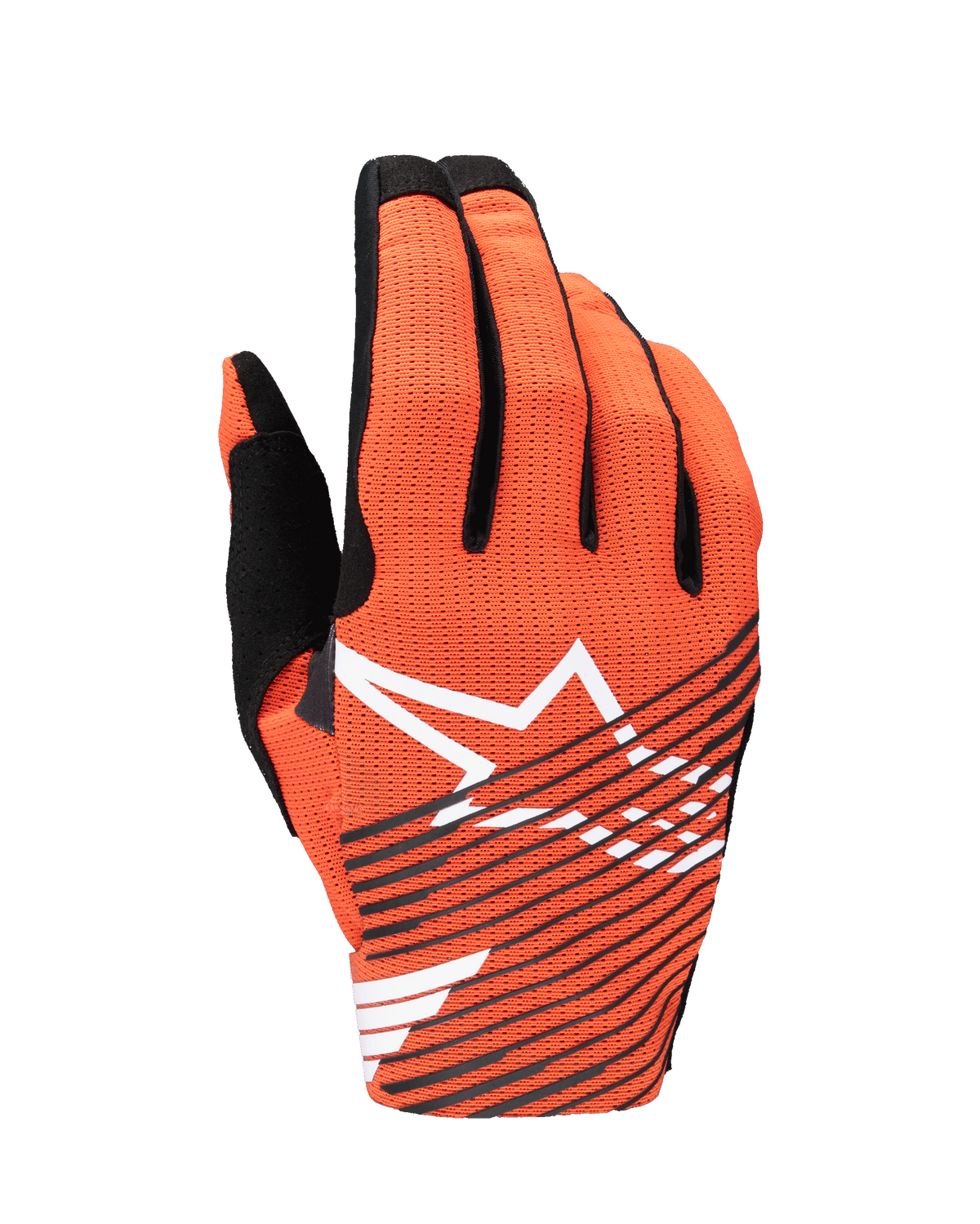 Guanti Alpinestars Radar Pro 2025, guanti da motocross, arancione acceso e nero, con un grande logo a stella bianco e strisce diagonali nere sul dorso in mesh traforato, progettati per leggerezza e ventilazione