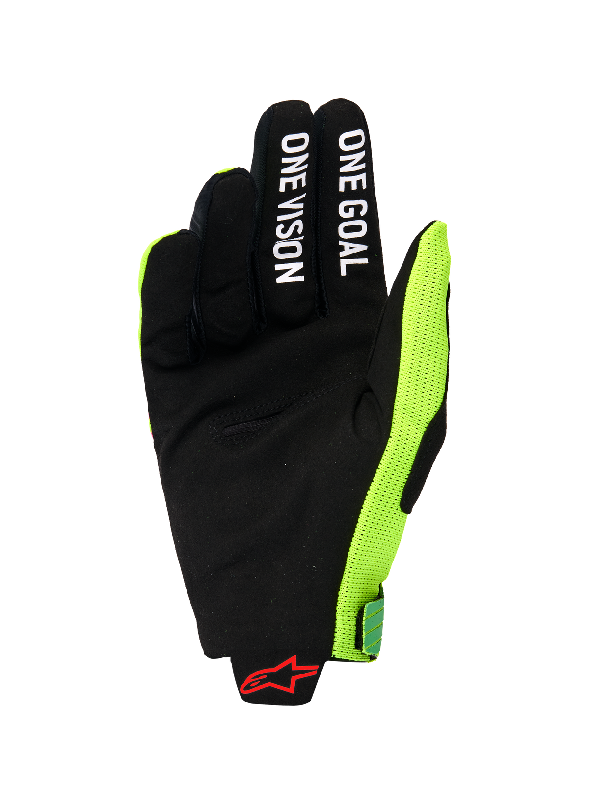 Alpinestars 2026 Radar Pro Gloves, vista del palmo di un guanto da motocross, pelle scamosciata sintetica nera con scritte bianche 'ONE GOAL' e 'ONE VISION' sulle dita, pannello laterale in mesh giallo fluo acceso, logo Alpinestars rosso sul polso, equipaggiamento tecnico minimalista per la guida fuoristrada