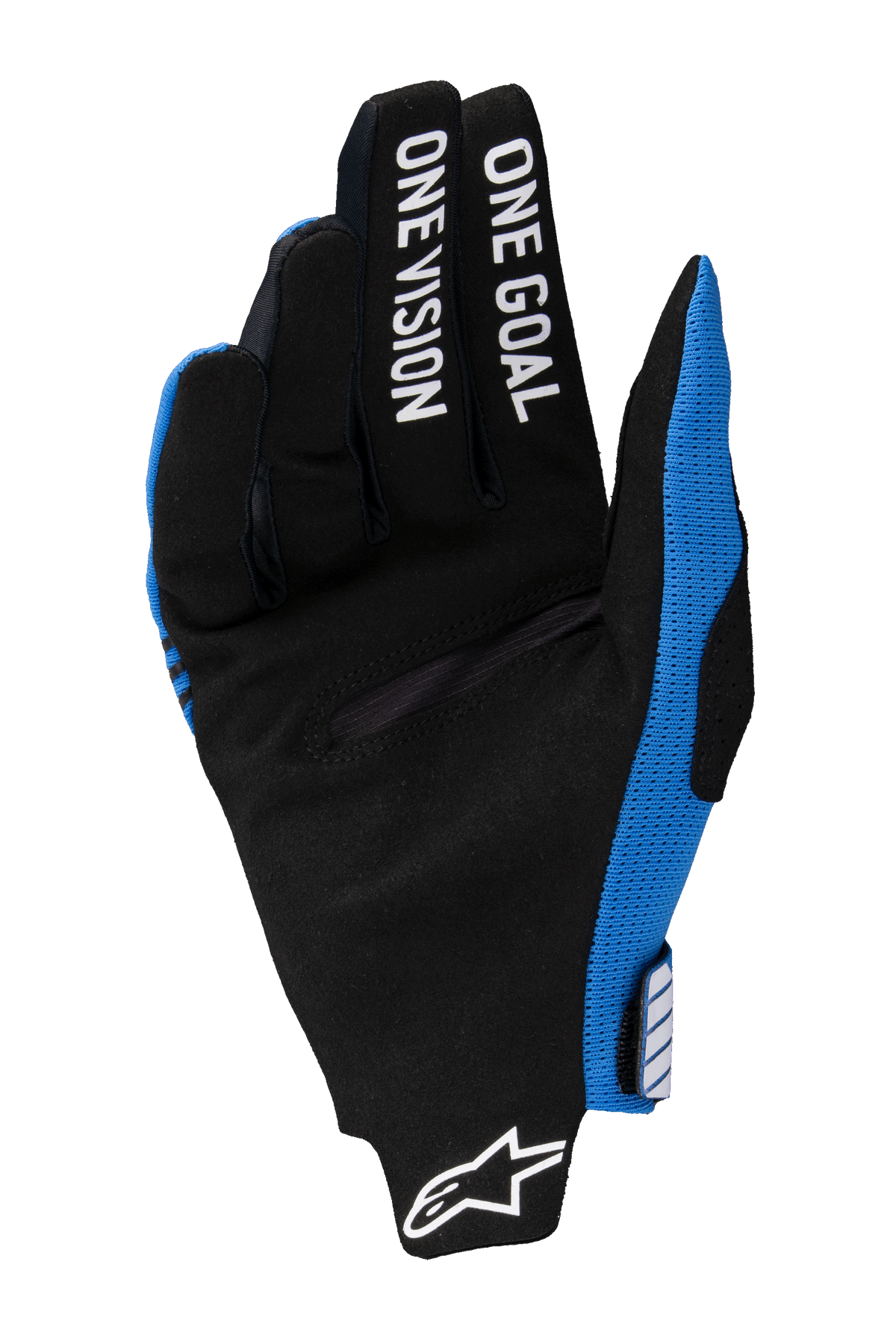 Guanti Alpinestars Radar Pro 2025, guanti da motocross, blu e nero, vista del palmo in pelle scamosciata sintetica nera, scritta bianca "ONE GOAL ONE VISION" stampata sulle dita, logo Alpinestars bianco sul polso, design leggero per corse fuoristrada