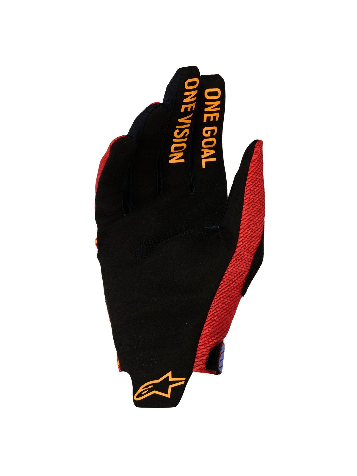 Alpinestars Guanti Radar Pro 2027, guanti da motocross da uomo, rosso e nero, palmo in pelle scamosciata sintetica con grafica One Goal One Vision sulle dita.