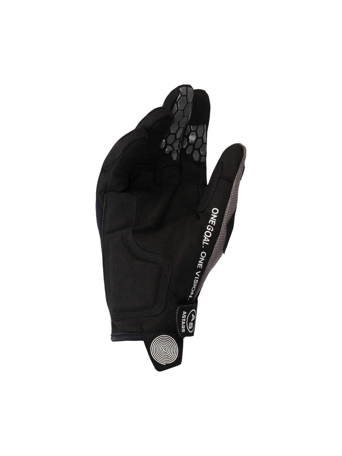 Guanti Alpinestars Pro-Dura 2026, nero grigio, vista del palmo in scamosciato sintetico e grip in silicone a nido d'ape sulle dita, con testo 'ONE GOAL. ONE VISION.' e logo a spirale bianco sulla linguetta, attrezzatura resistente per motociclismo fuoristrada